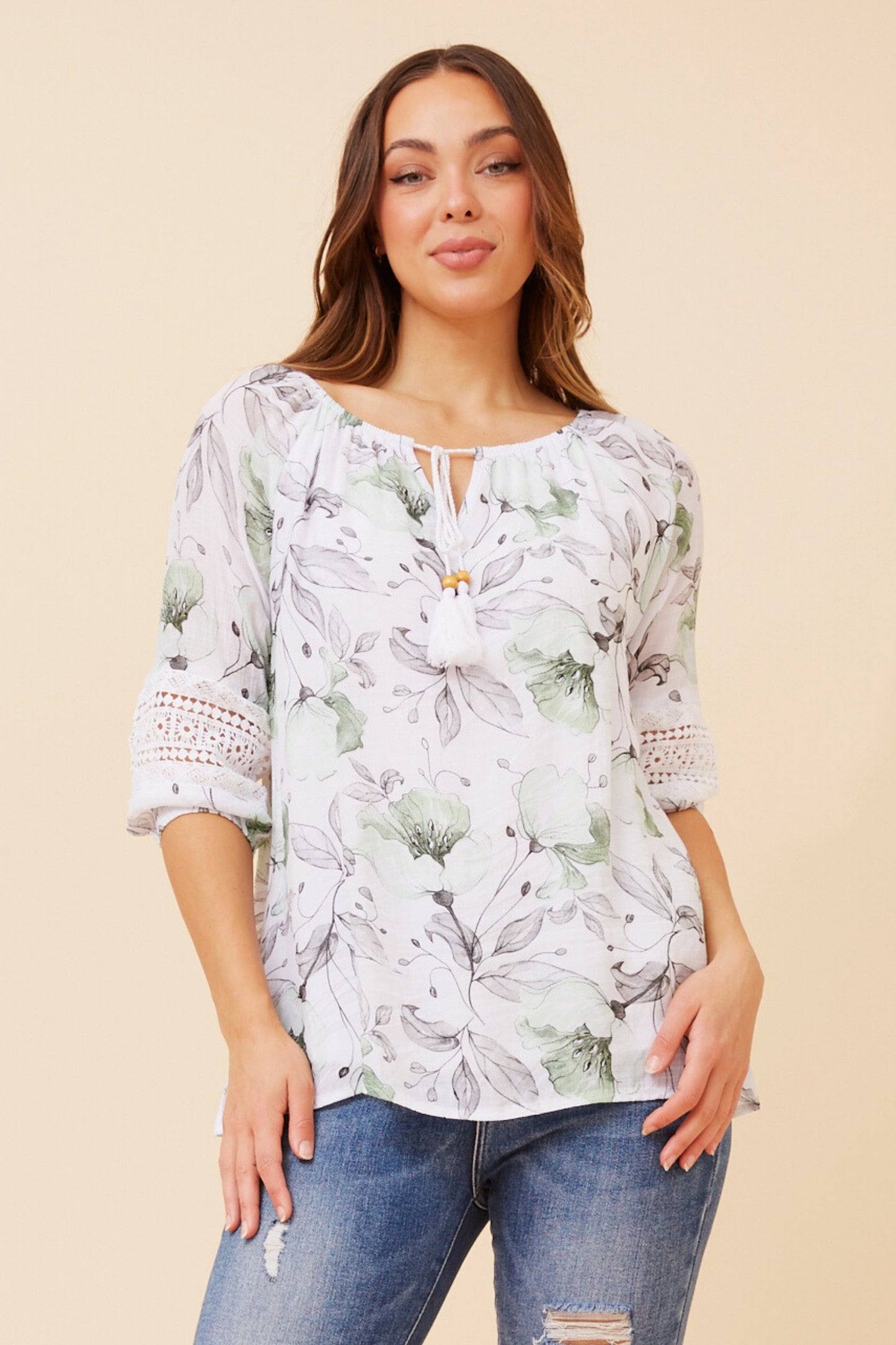 Reba Print Peasant Top - Green T523337