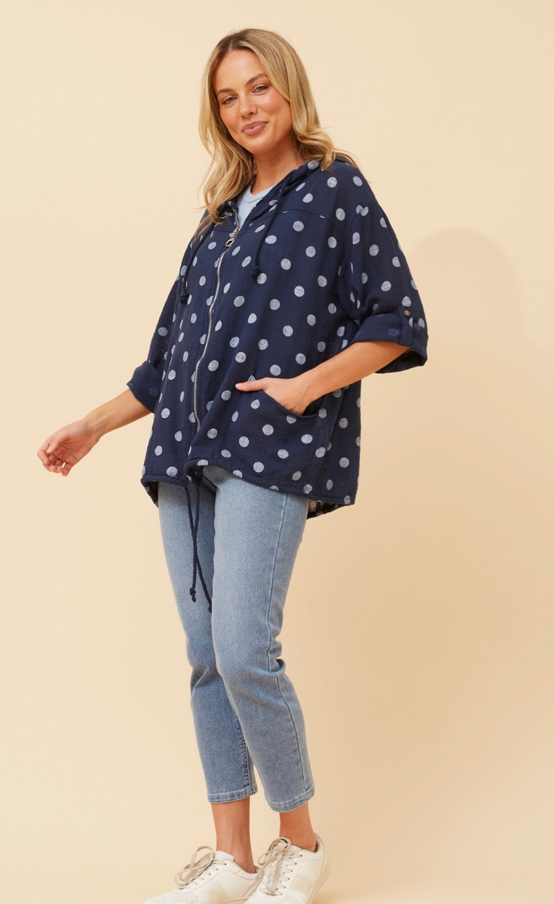 Seta Polka Dot Printed Hoody Jacket J526469 Navy/White