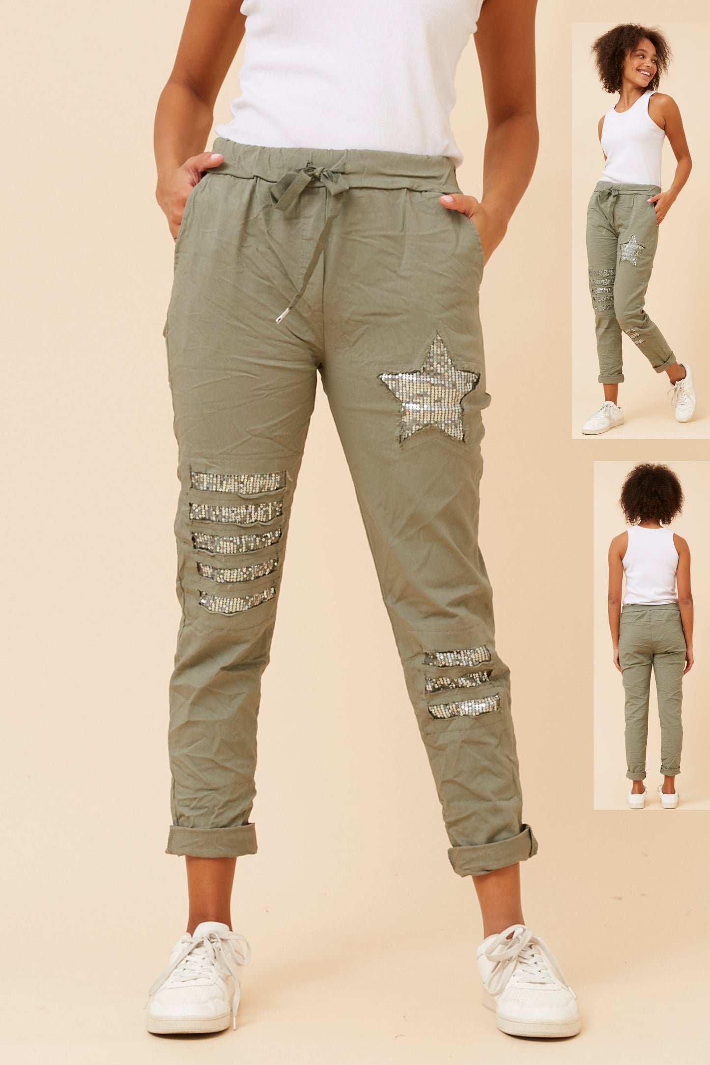 Star Sequin Patches Italian Pant -Khaki  P521148