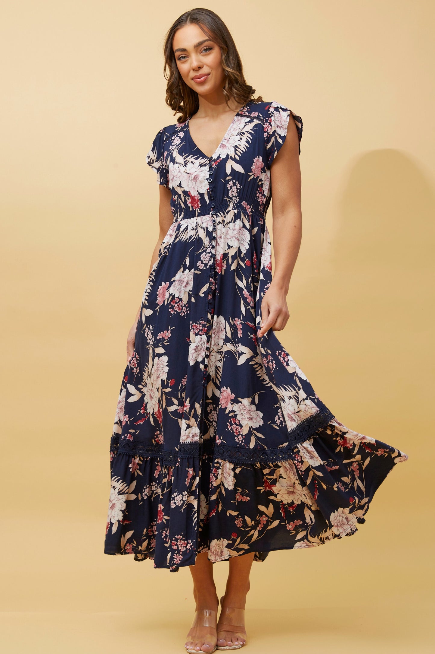 Merci Floral Maxi Dress - Multi Navy D513068