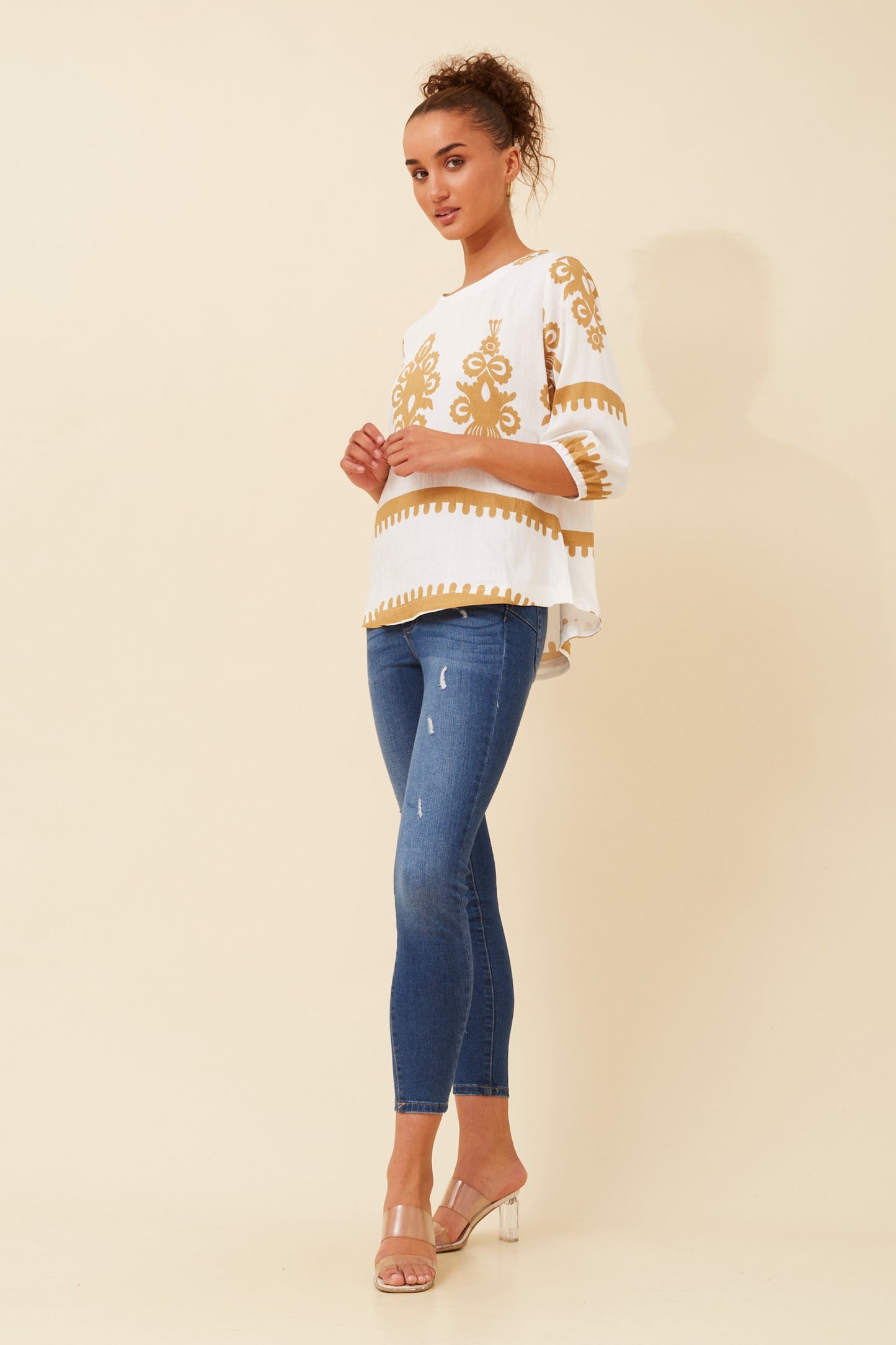 Amara Boho Print Blouse T523165 White/Beige