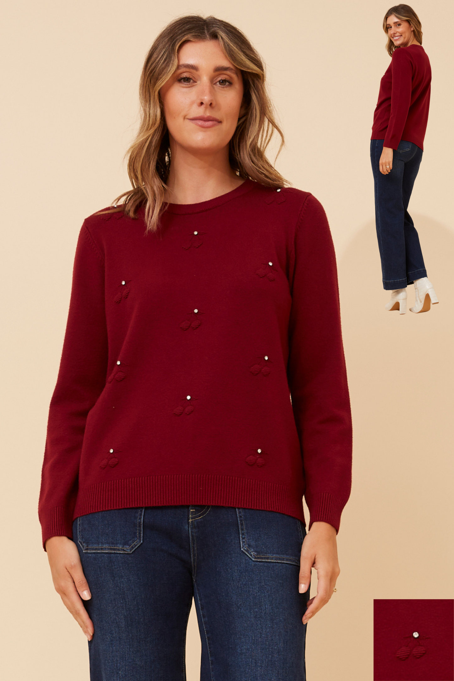 Gracie Pearl Detail Knit KP525903 Burgundy