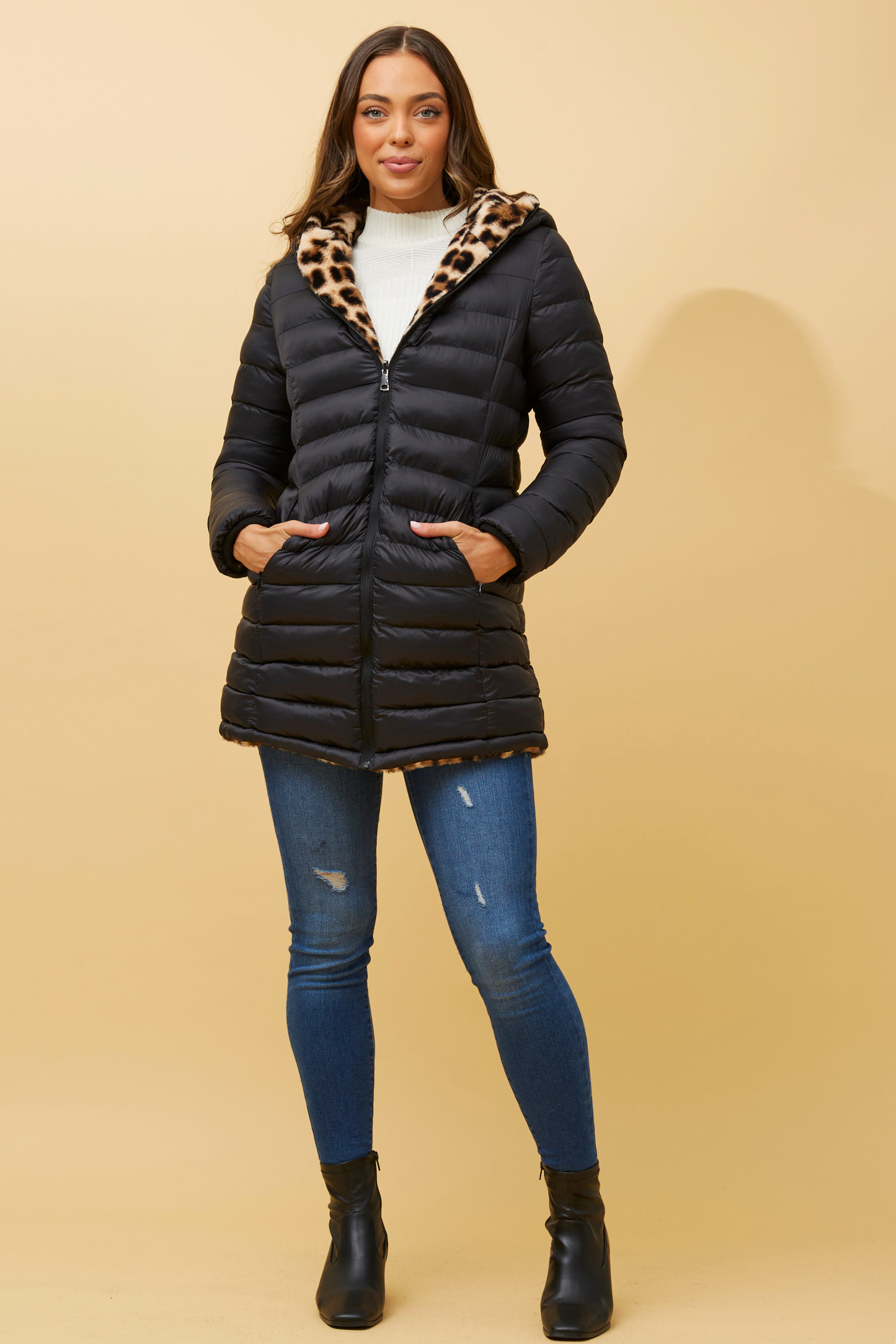 Bonnie Reversable Animal Print Fur Coat with Hood CO515316