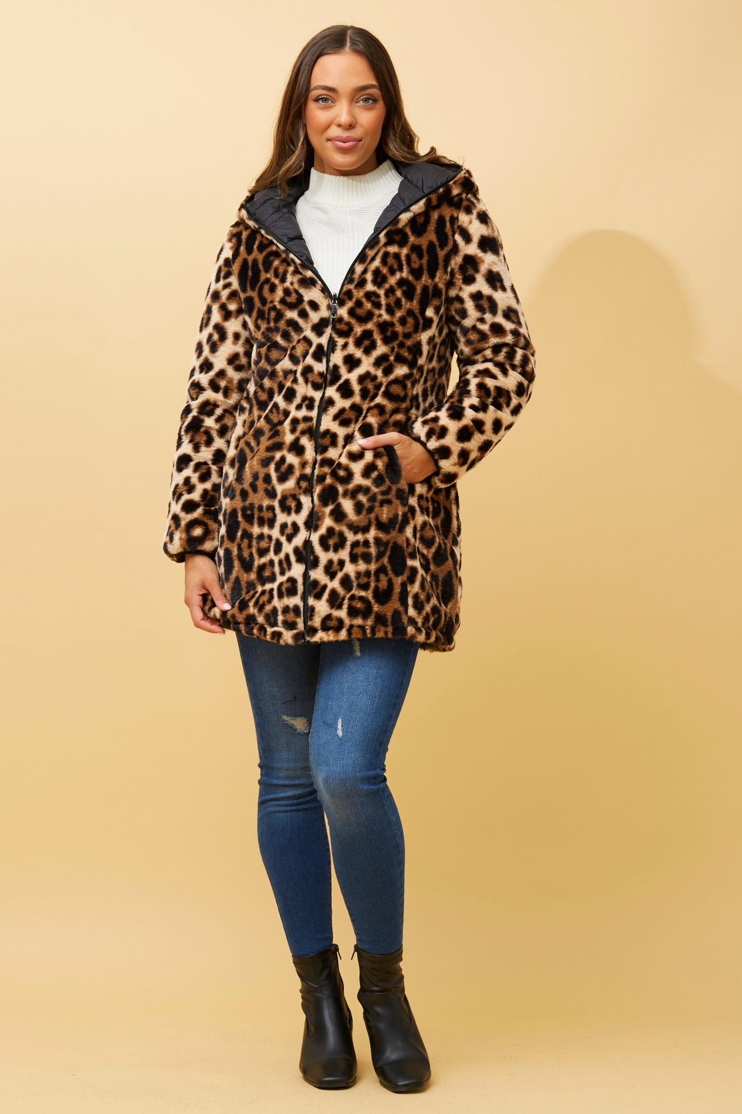 Bonnie Reversable Animal Print Fur Coat with Hood CO515316