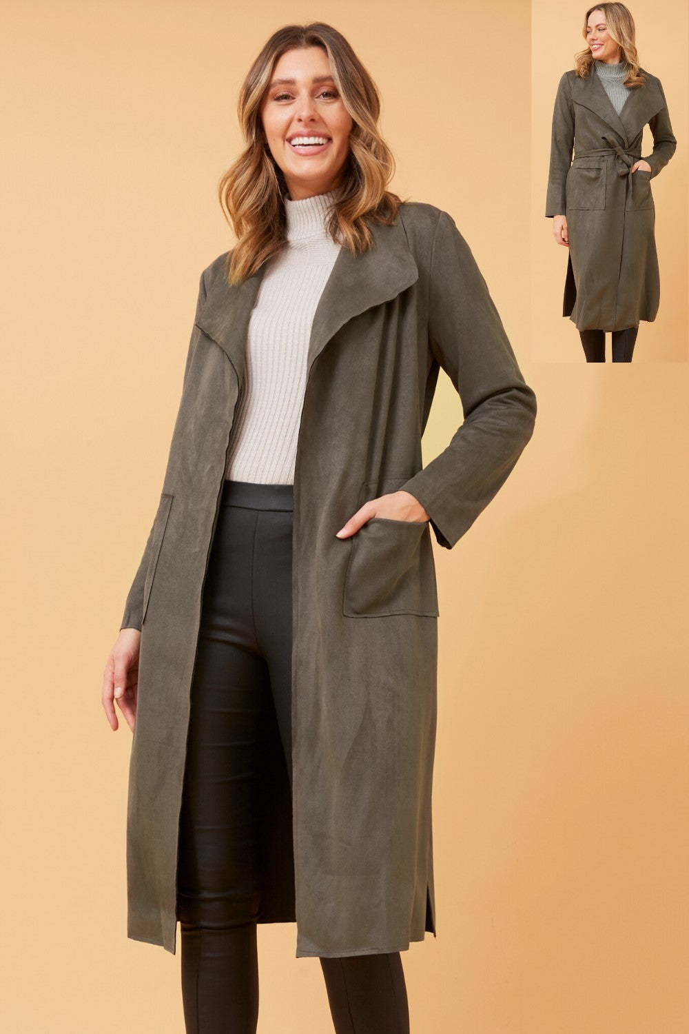 Caryl Faux Sued Coat with patch pockets - Khaki CO515889