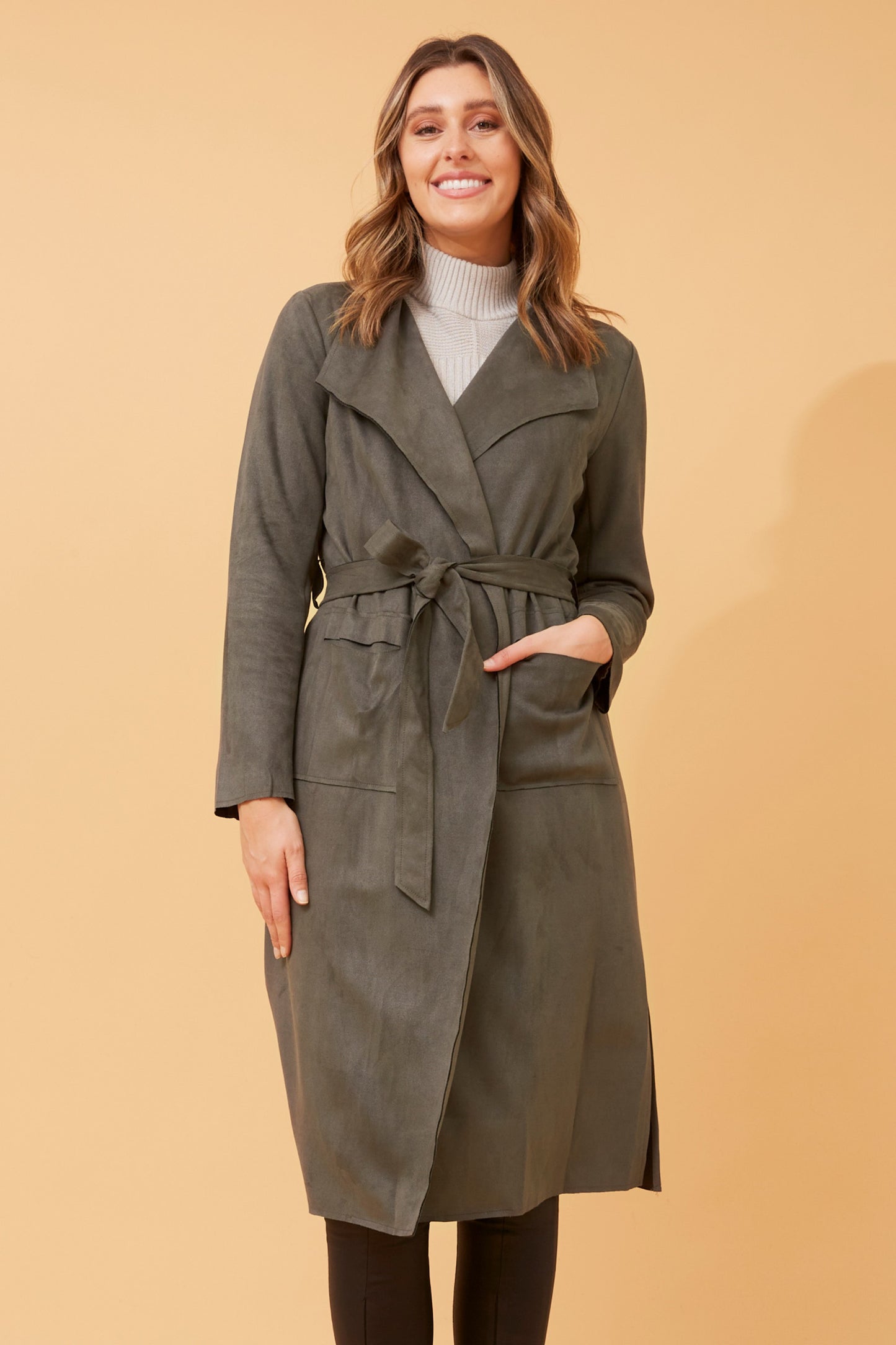 Caryl Faux Sued Coat with patch pockets - Khaki CO515889