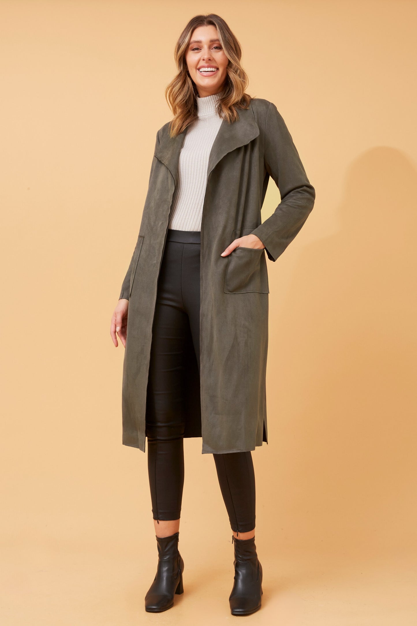 Caryl Faux Sued Coat with patch pockets - Khaki CO515889