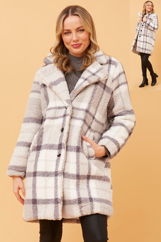 Collins Check Print Fur Coat CO519303