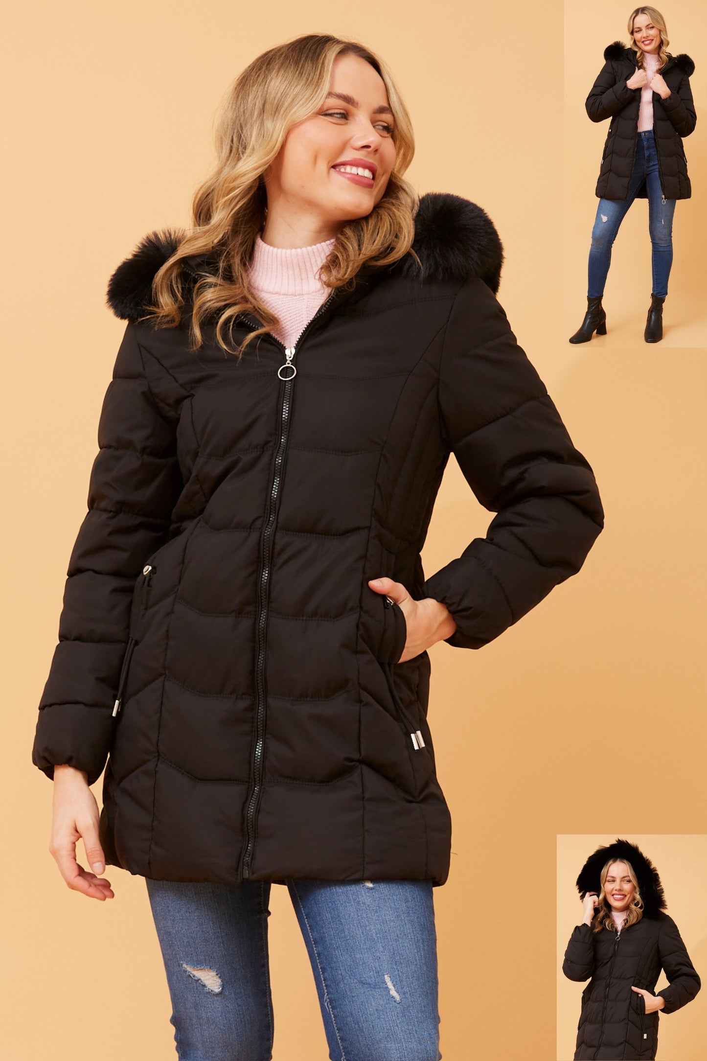 Puffer Coat with fur trim Black CO732843