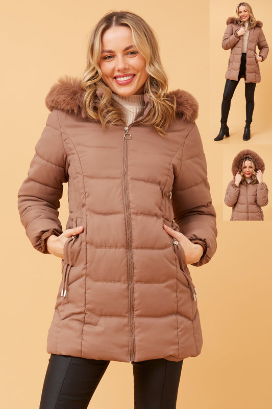 Puffer Coat with fur trim Mocha CO732843