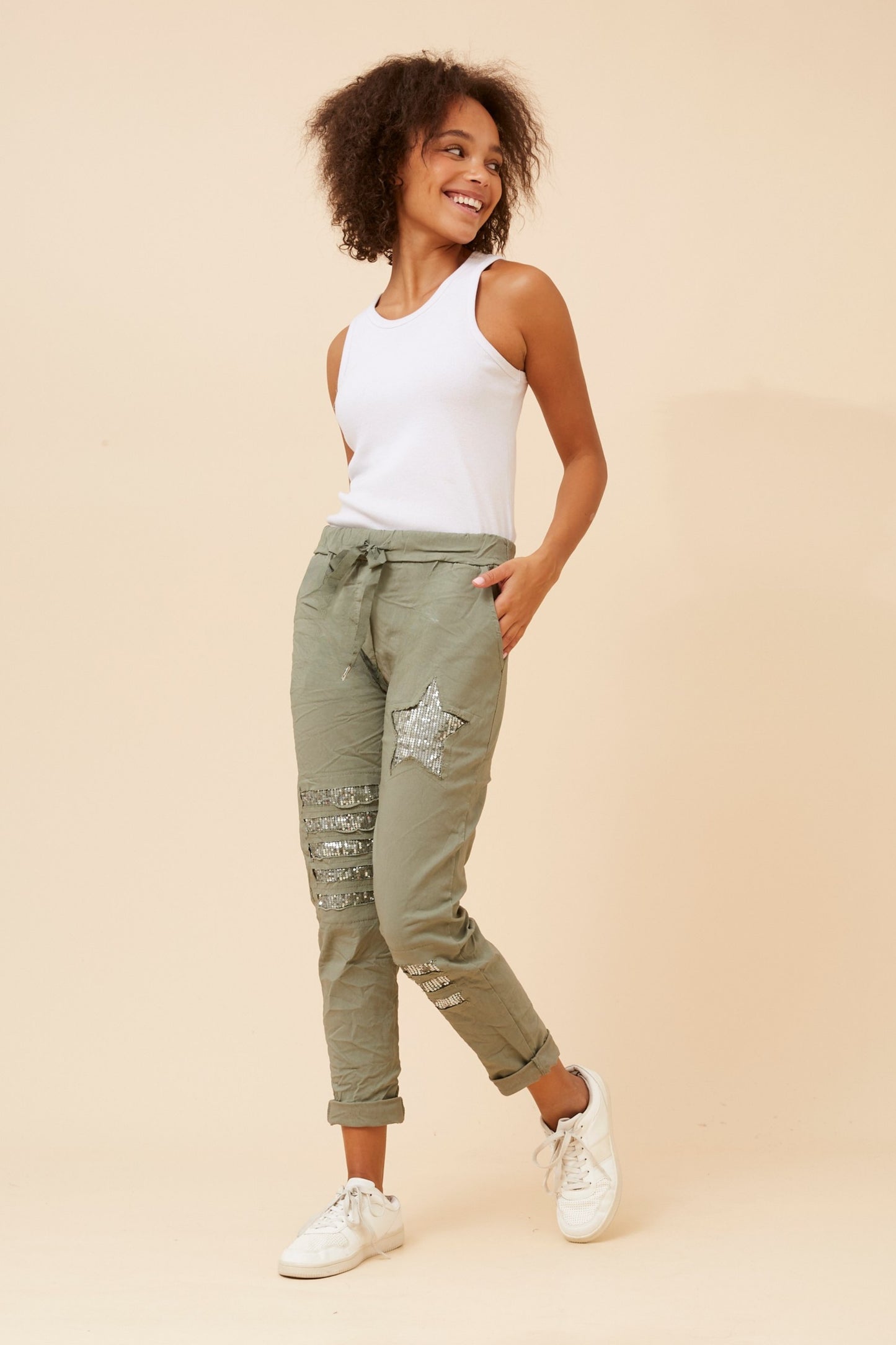 Star Sequin Patches Italian Pant -Khaki  P521148