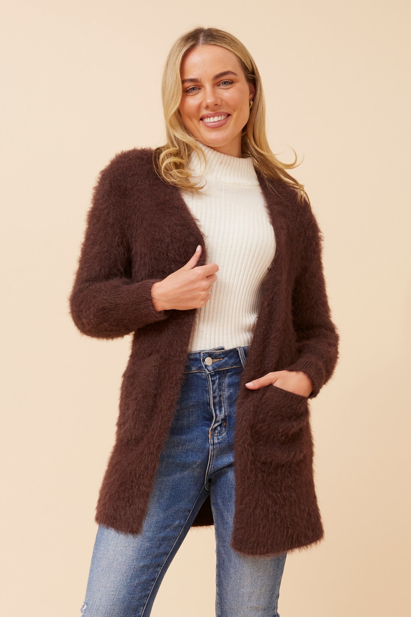 Davie Long Sleeves Eyelash Knit Cardigan KC522871 - Chocolate