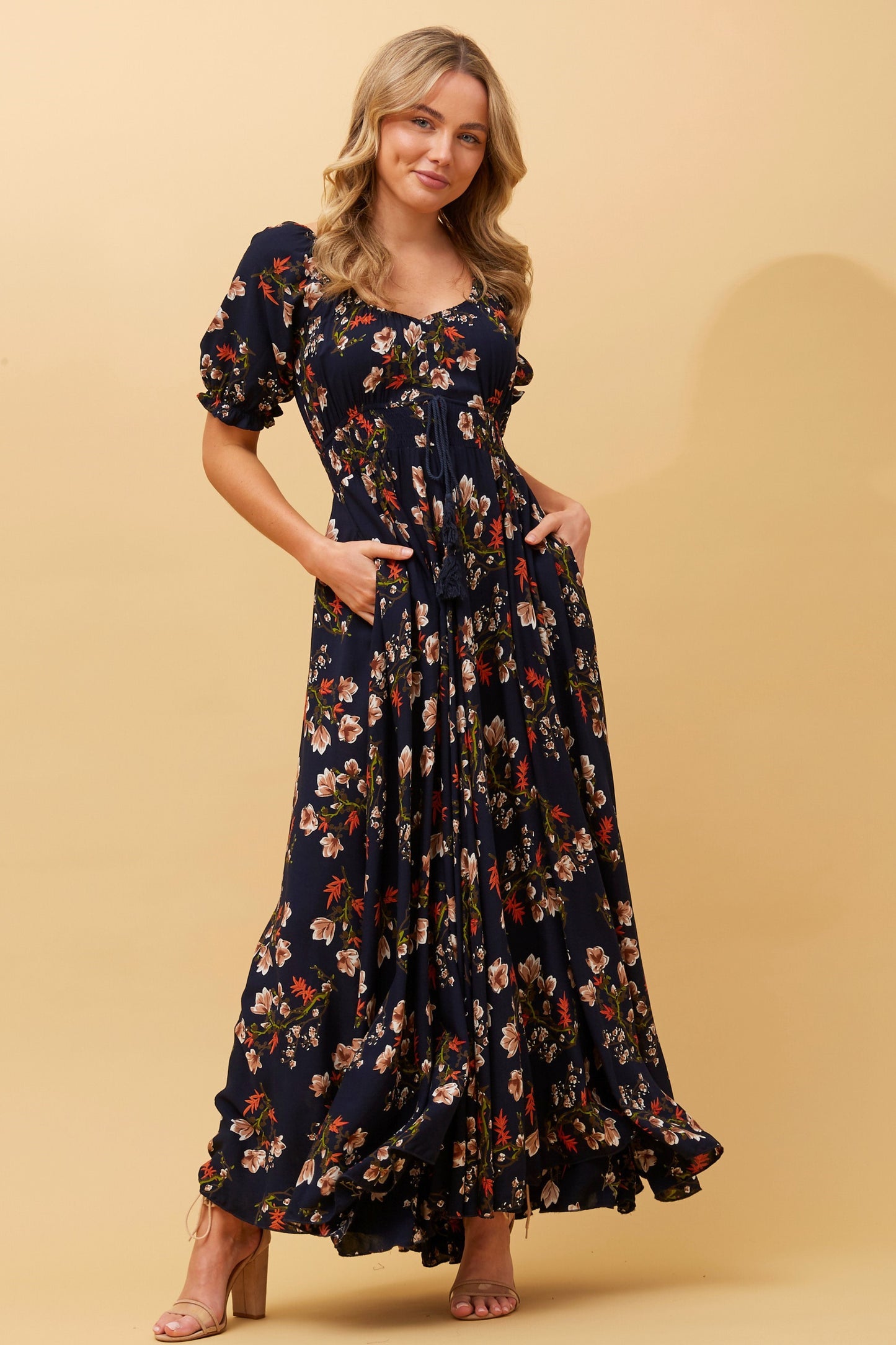 Molly Floral Boho Maxi Dress- Multi Navy D509215