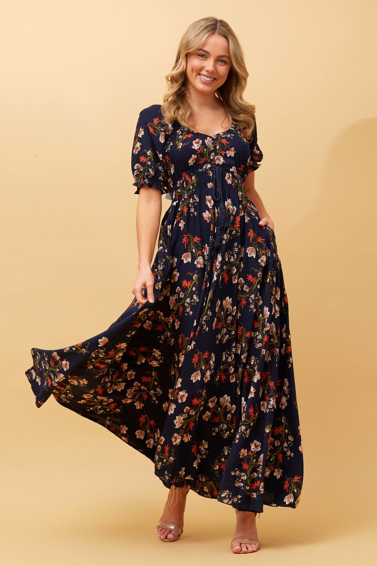 Molly Floral Boho Maxi Dress- Multi Navy D509215