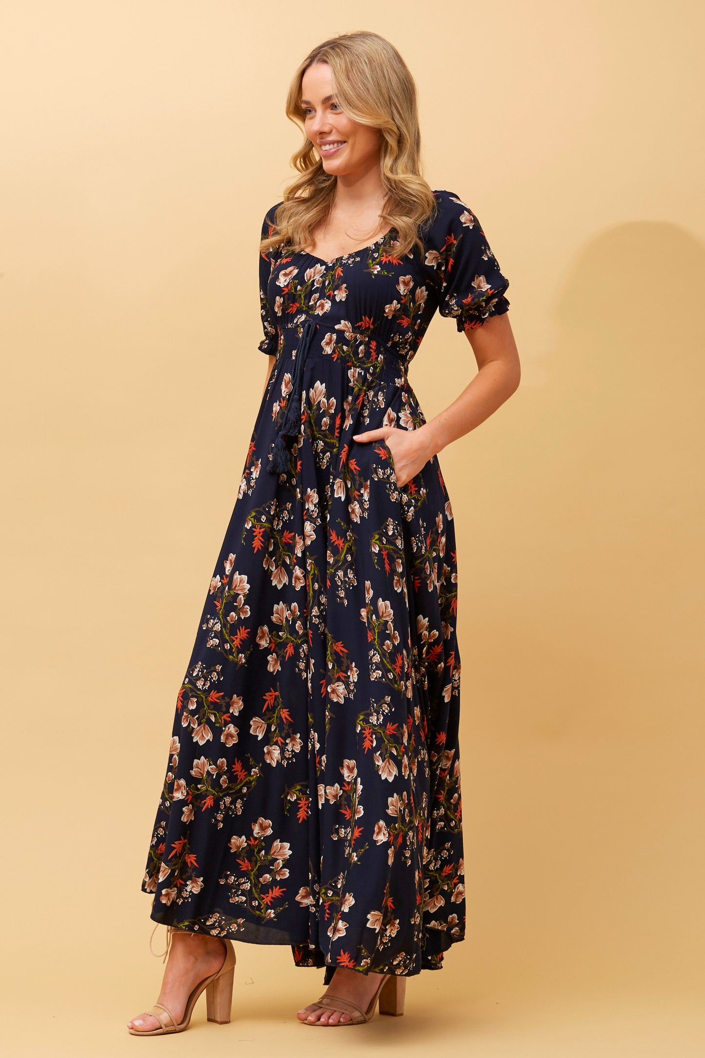 Molly Floral Boho Maxi Dress- Multi Navy D509215