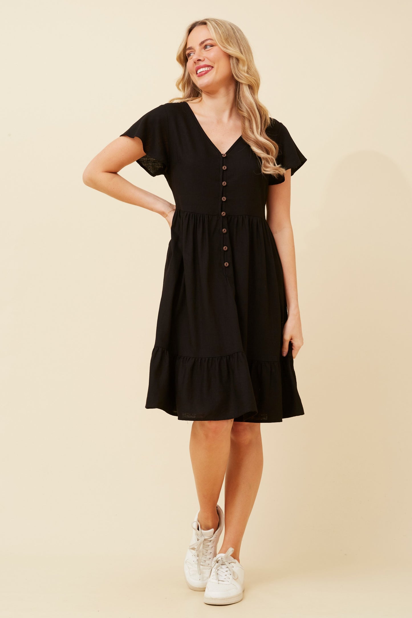 Bella Front Button Short Dress D510342 - Black