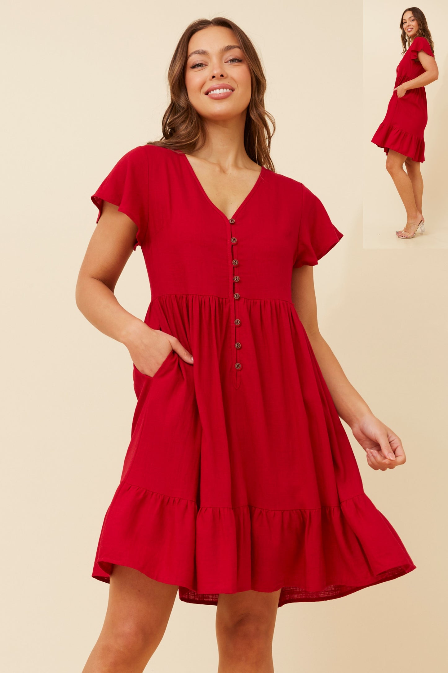 Bella Front Button Short Dress D510342 - Rich Red