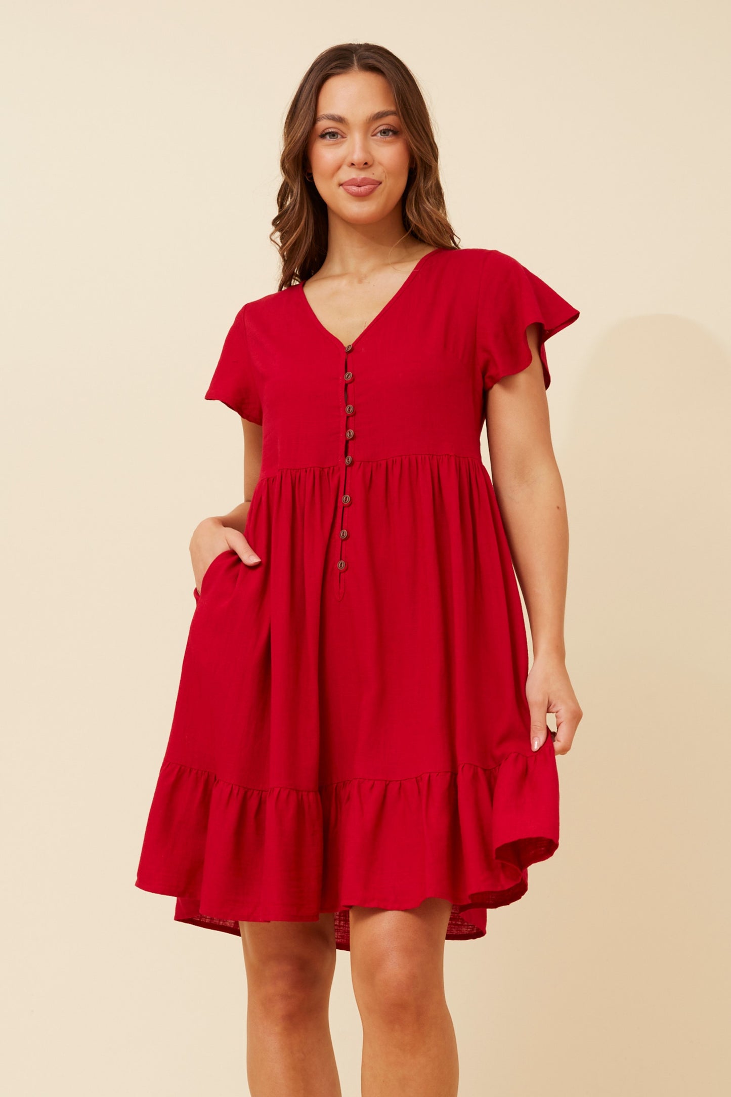 Bella Front Button Short Dress D510342 - Rich Red