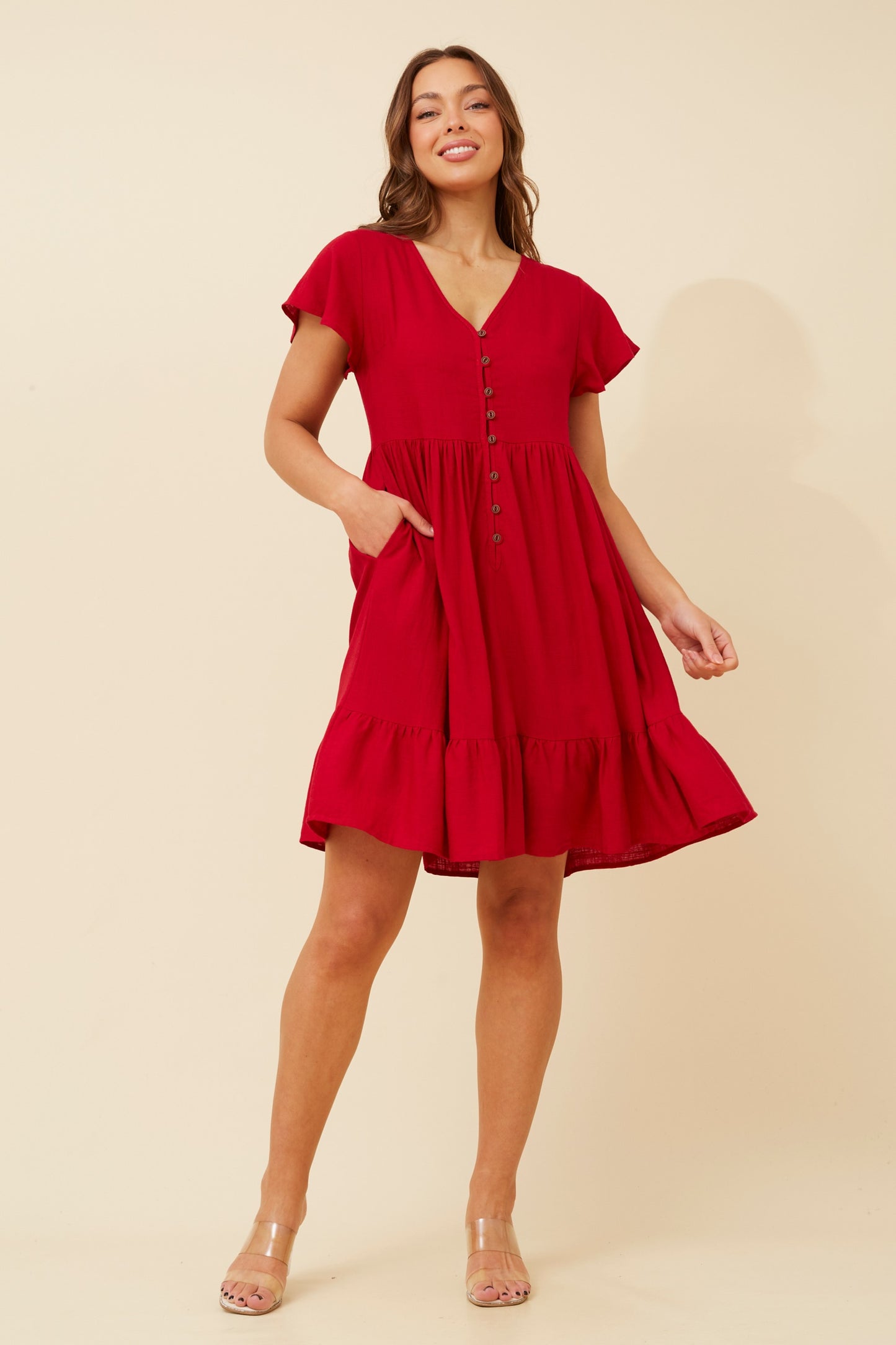 Bella Front Button Short Dress D510342 - Rich Red