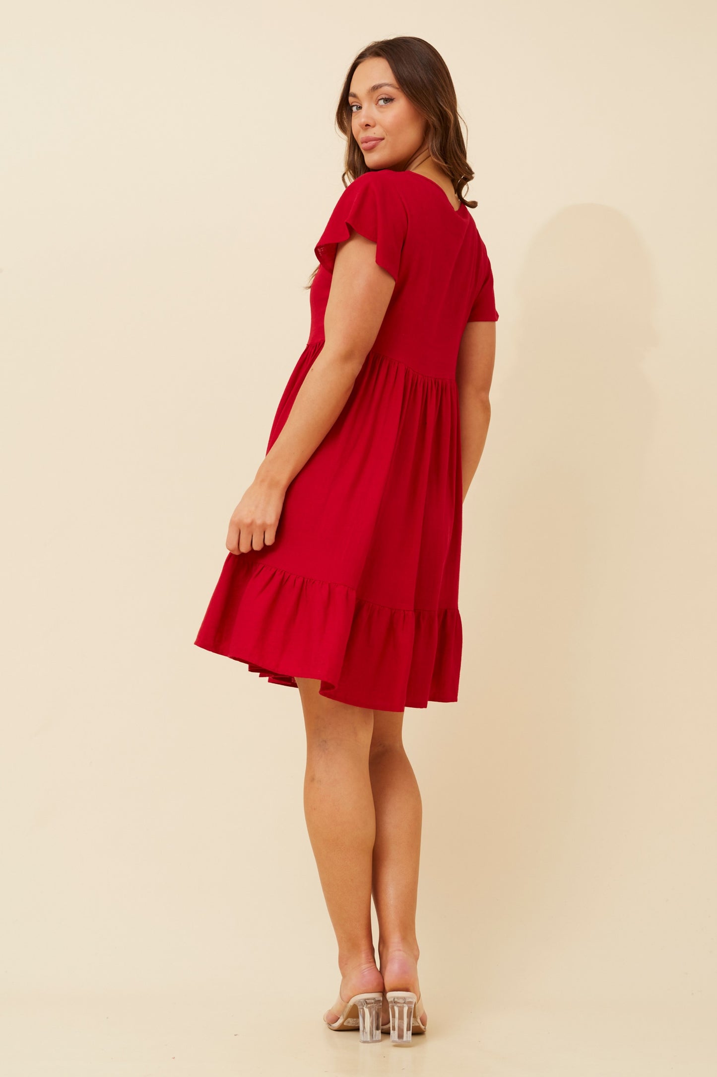 Bella Front Button Short Dress D510342 - Rich Red