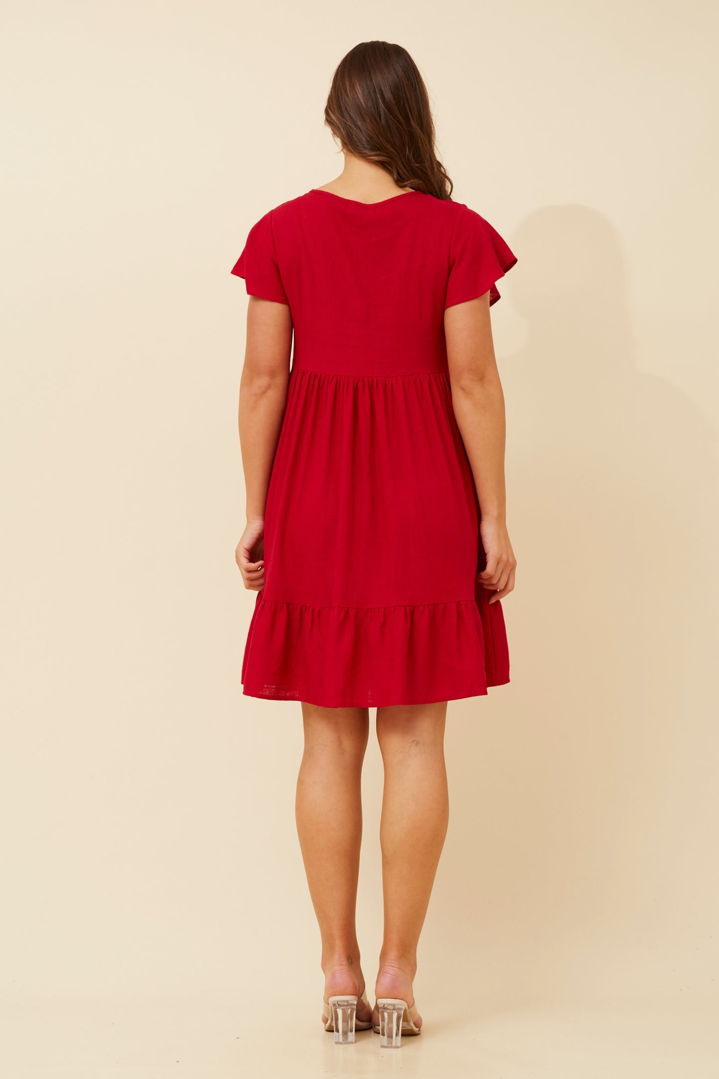 Bella Front Button Short Dress D510342 - Rich Red