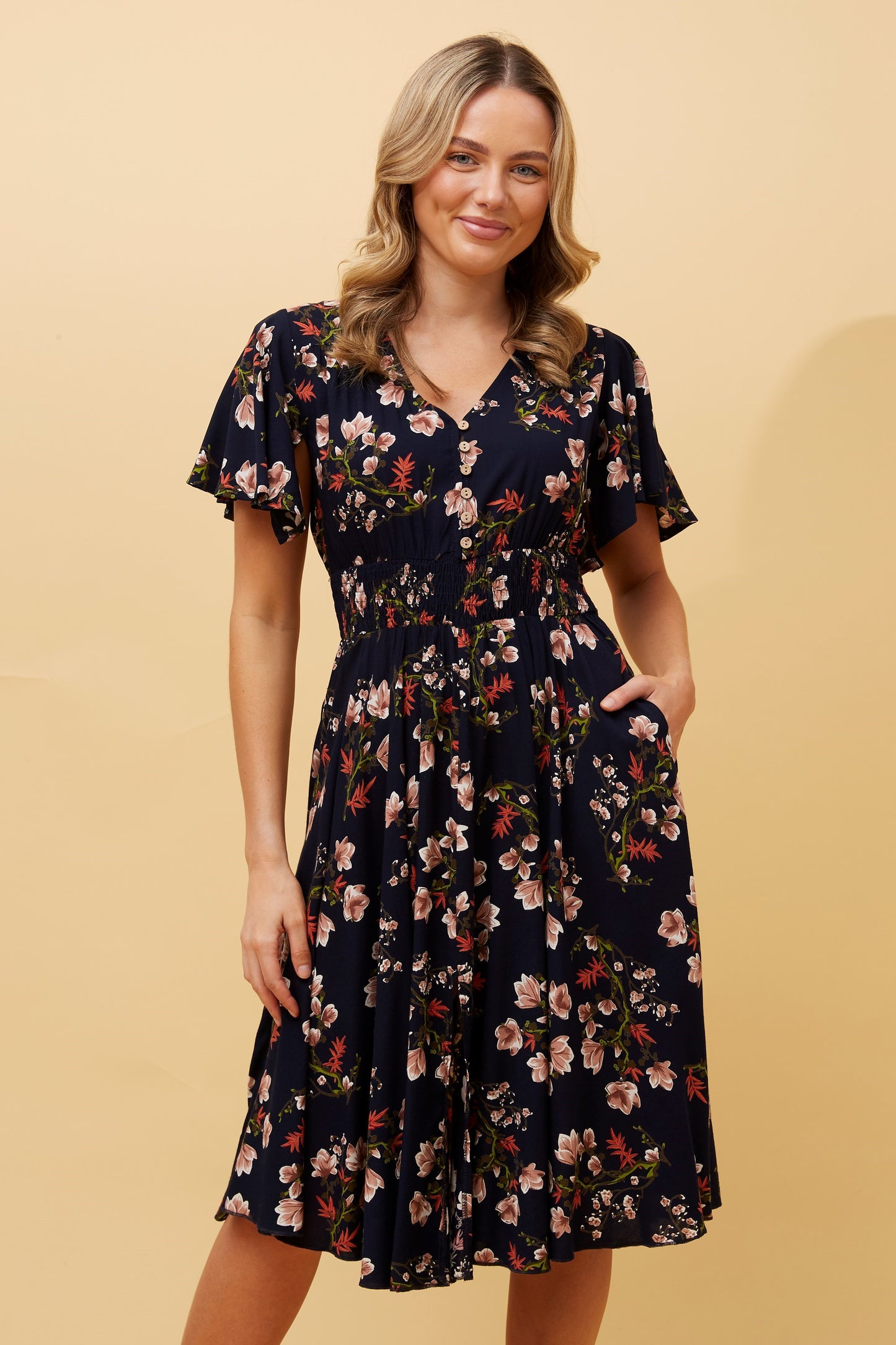 Ivona Floral Boho Midi Dress - Multi Navy D511977