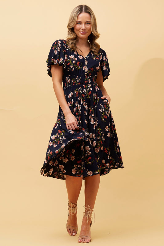 Ivona Floral Boho Midi Dress - Multi Navy D511977