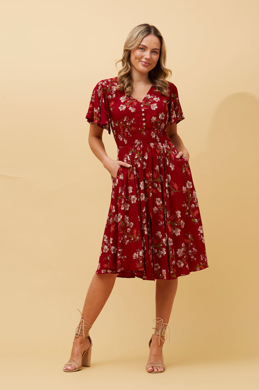 Ivona Floral Boho Midi Dress - Multi Red D511977