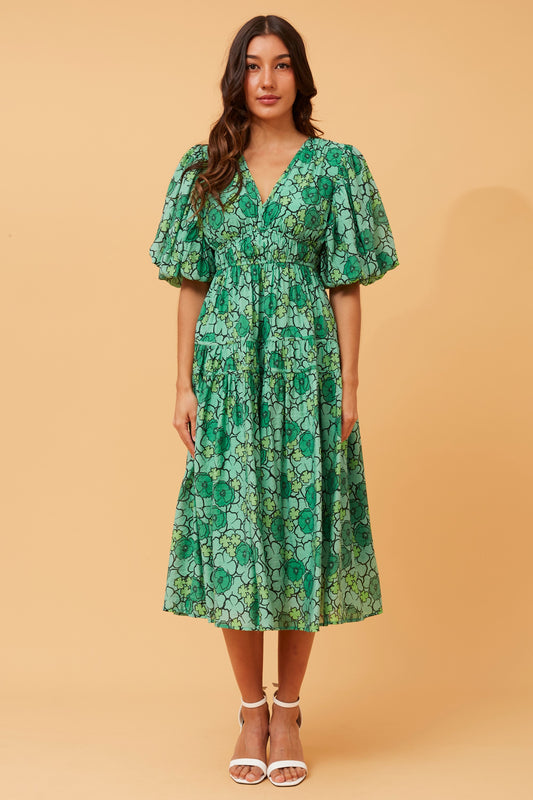 Freya Puffy Sleeves Floral Dress -Multi Green D519116