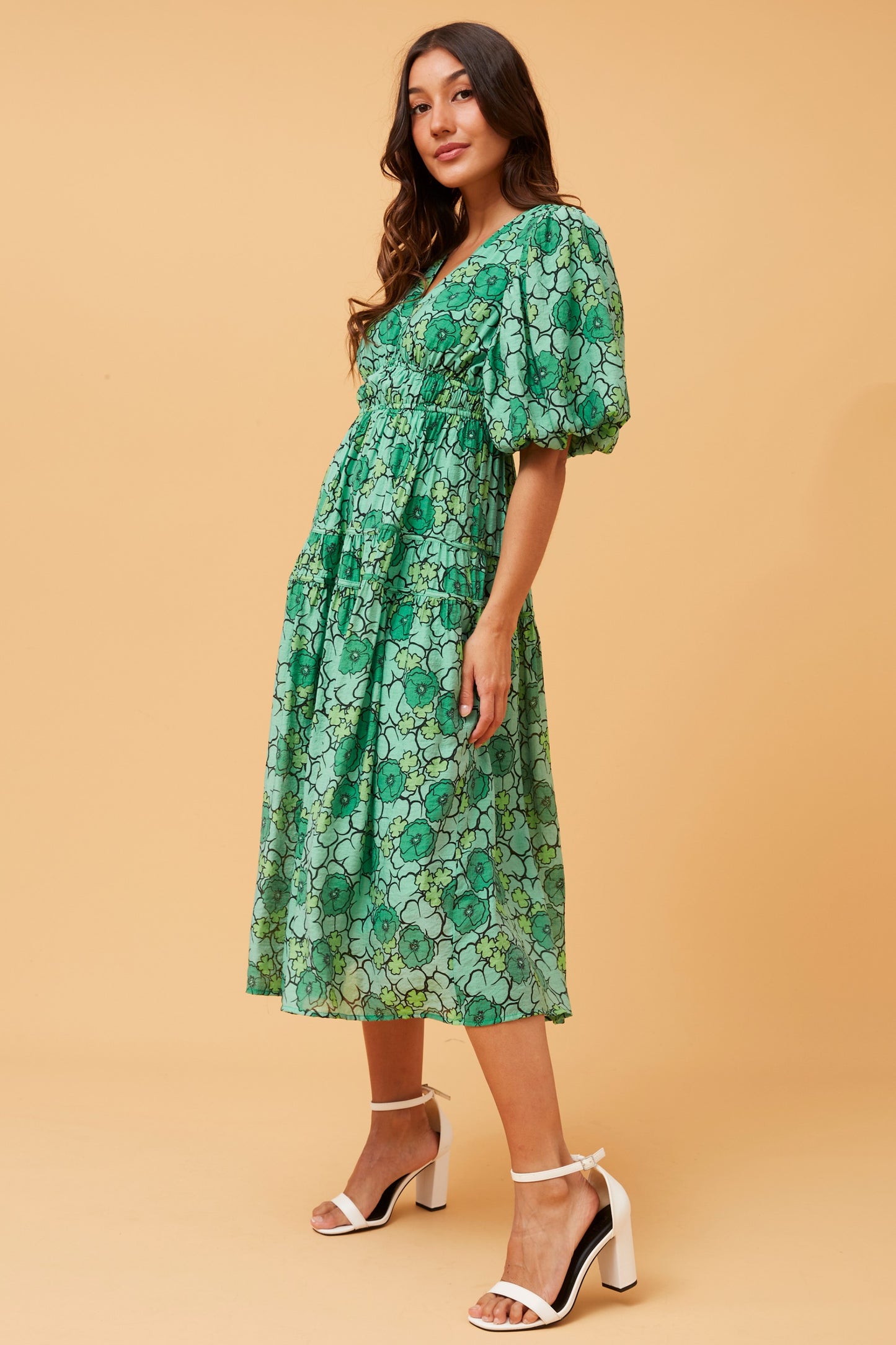 Freya Puffy Sleeves Floral Dress -Multi Green D519116