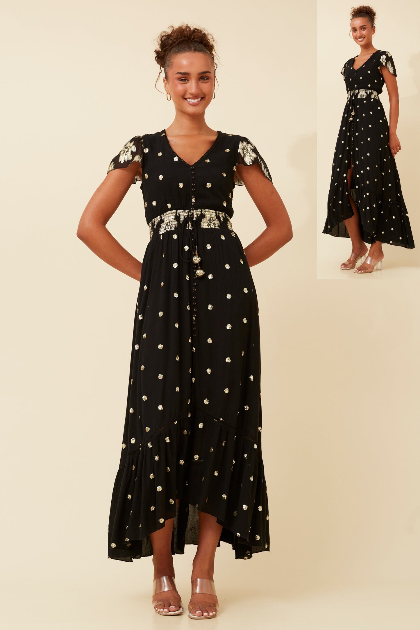 Naina Sequin Polka Maxi Dress D519762 - Black