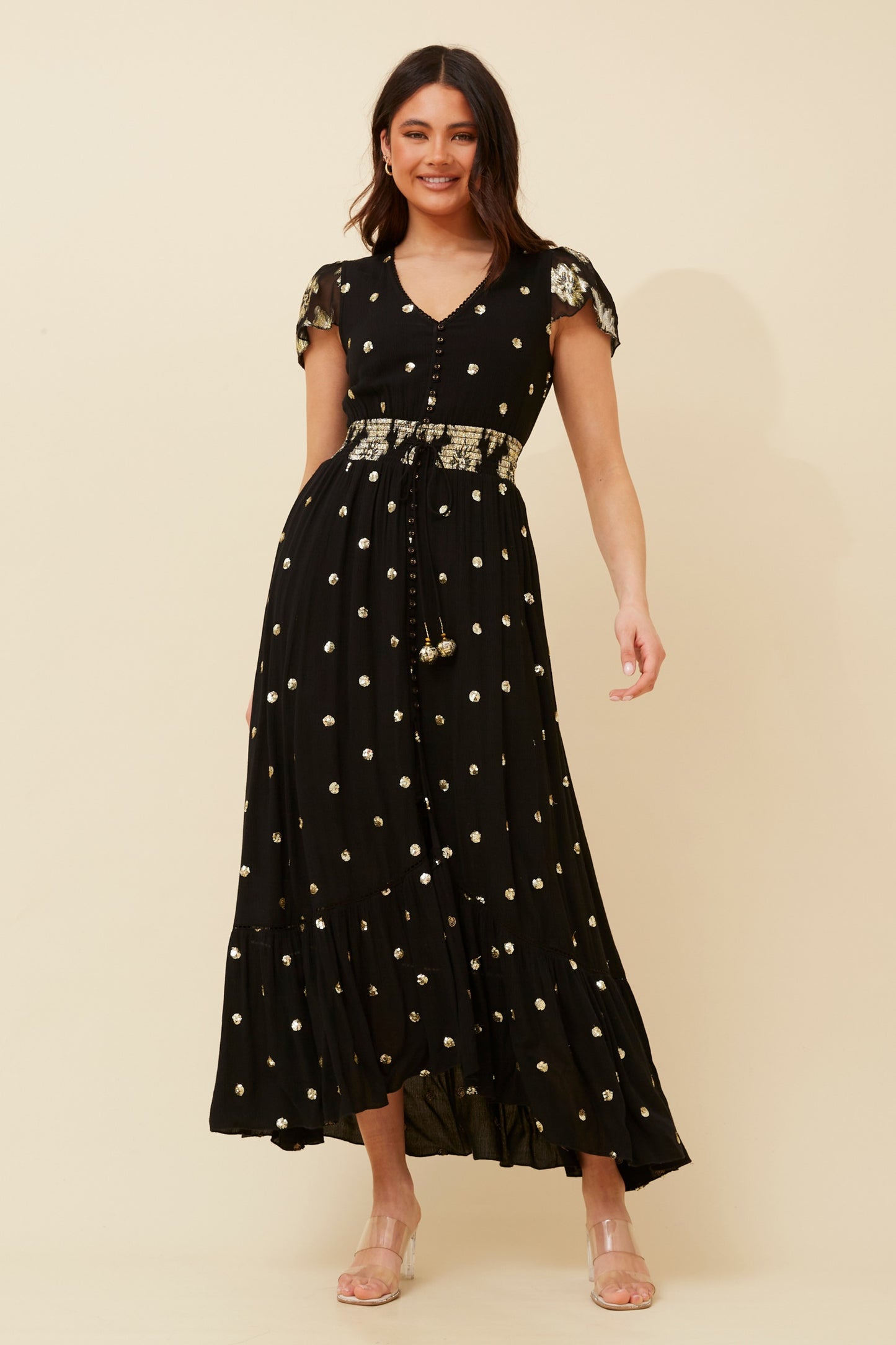 Naina Sequin Polka Maxi Dress D519762 - Black