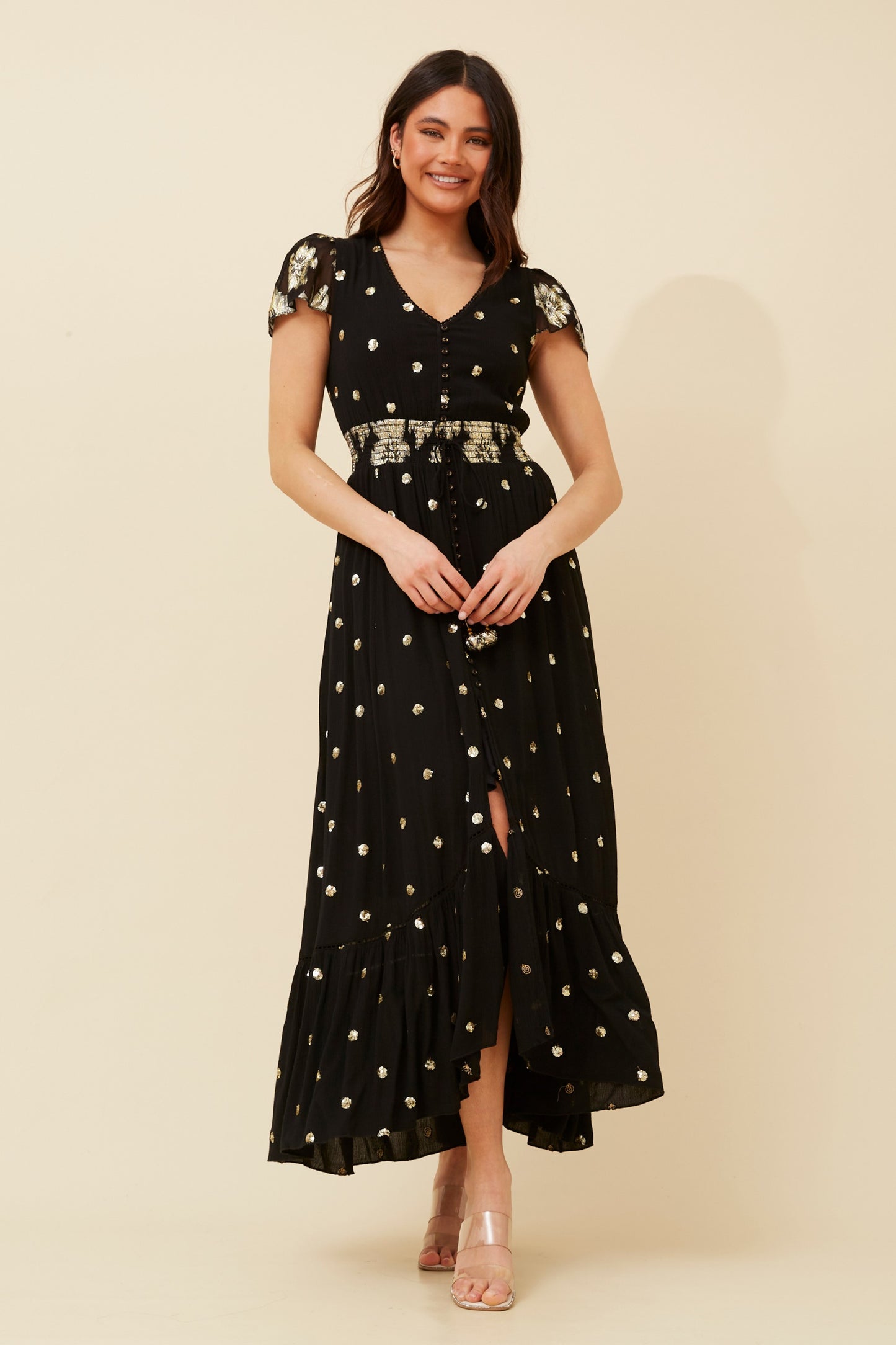 Naina Sequin Polka Maxi Dress D519762 - Black