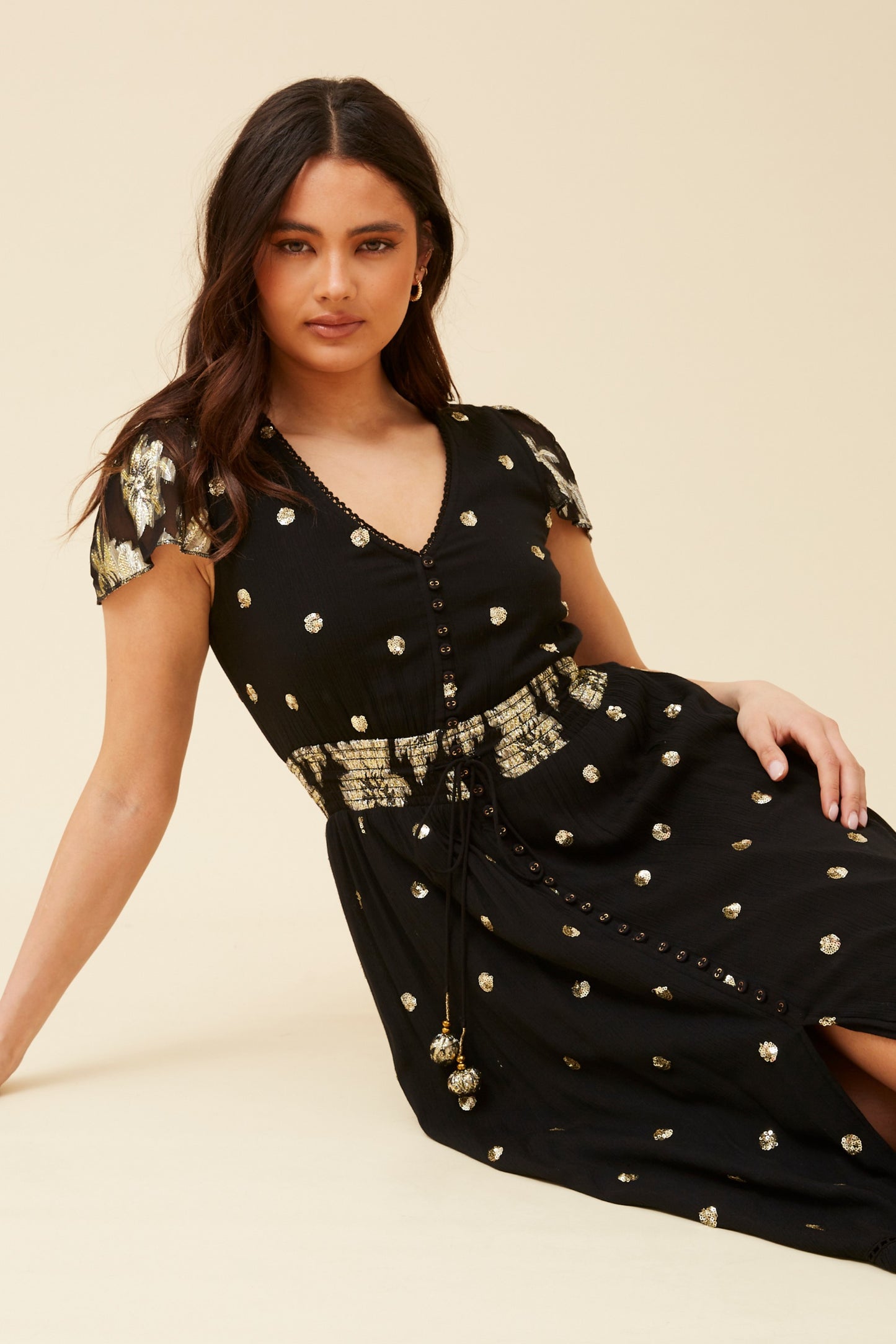 Naina Sequin Polka Maxi Dress D519762 - Black