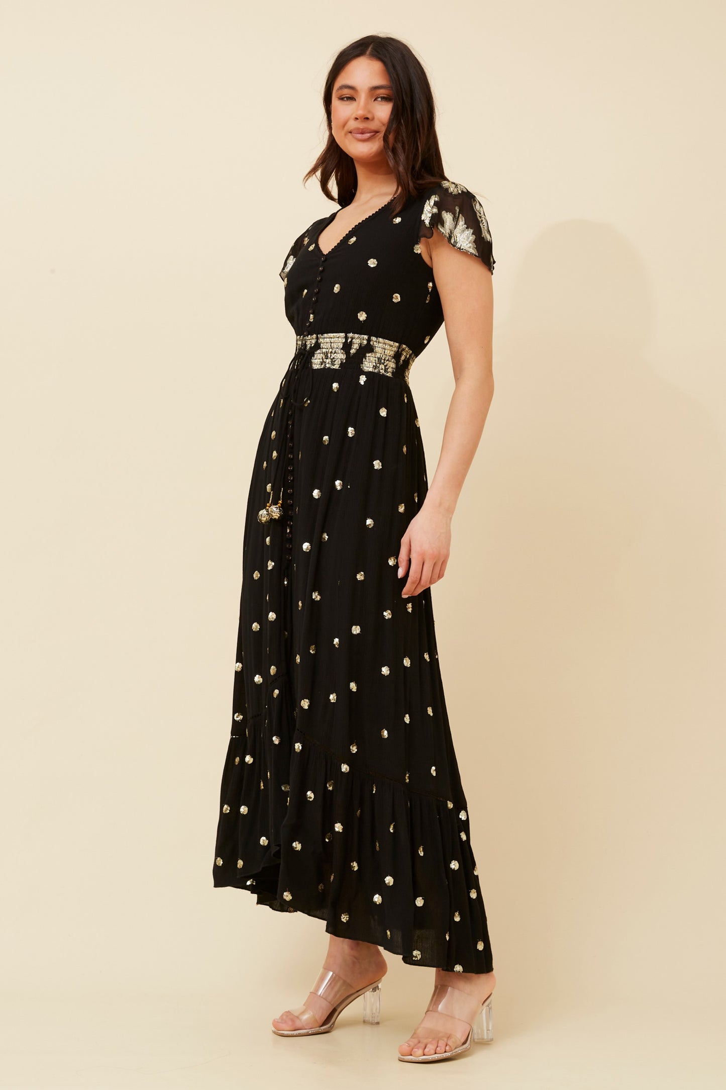 Naina Sequin Polka Maxi Dress D519762 - Black