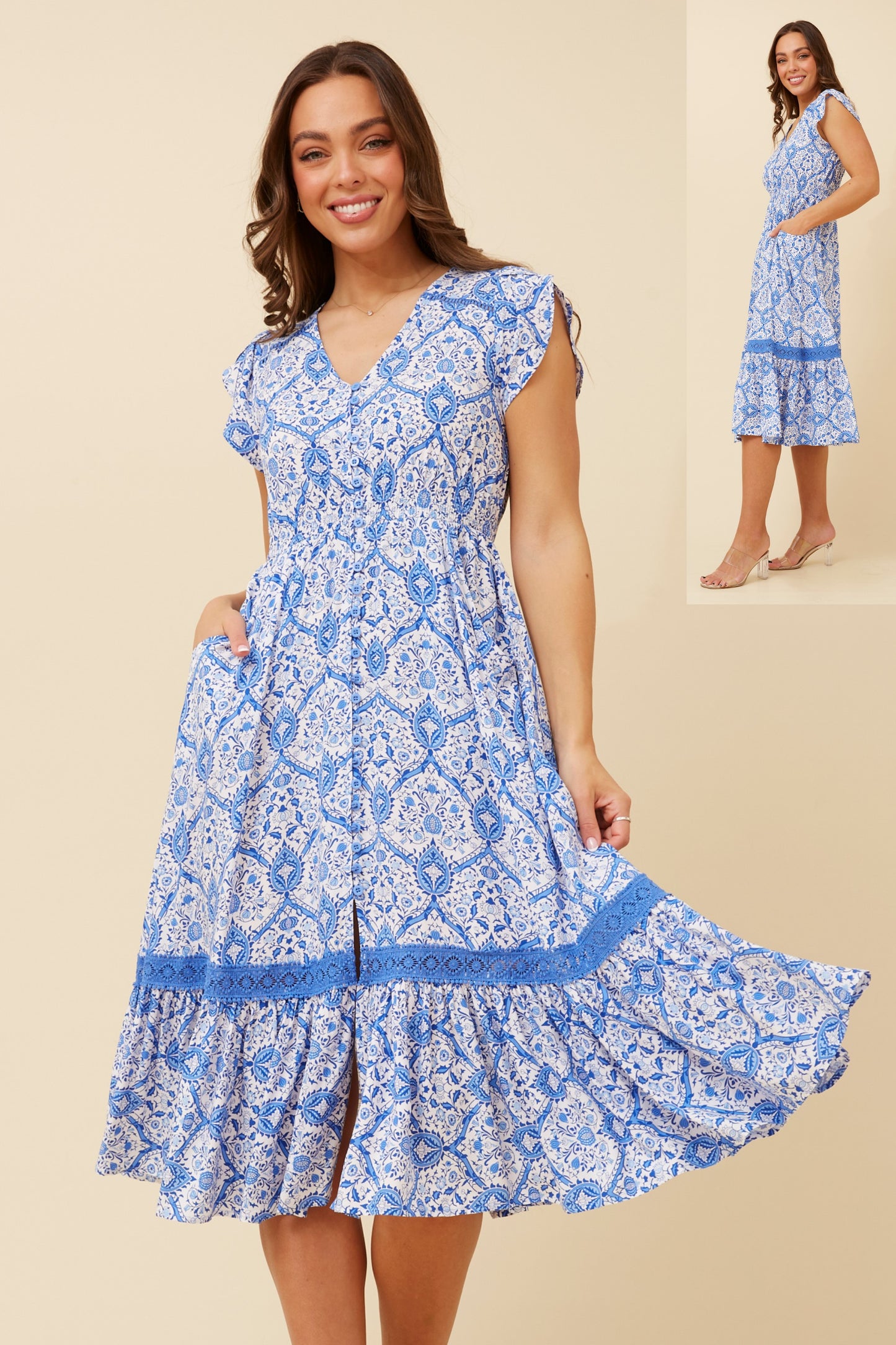 Indie Boho Print Midi Dress - Blue D520333