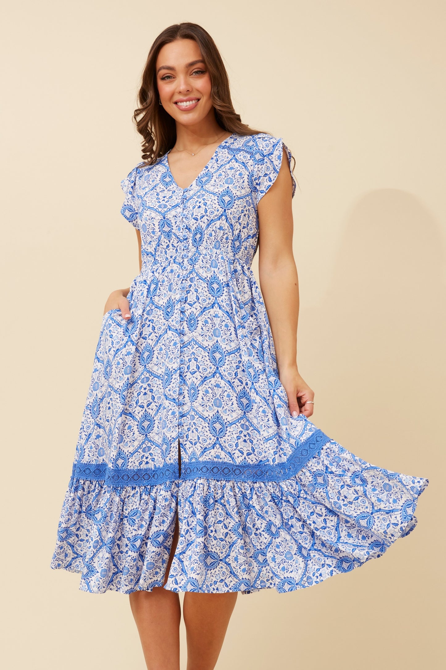 Indie Boho Print Midi Dress - Blue D520333