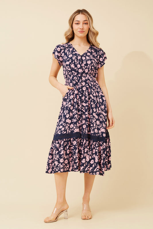 Indi Flower Print Midi Dress - Navy D520337