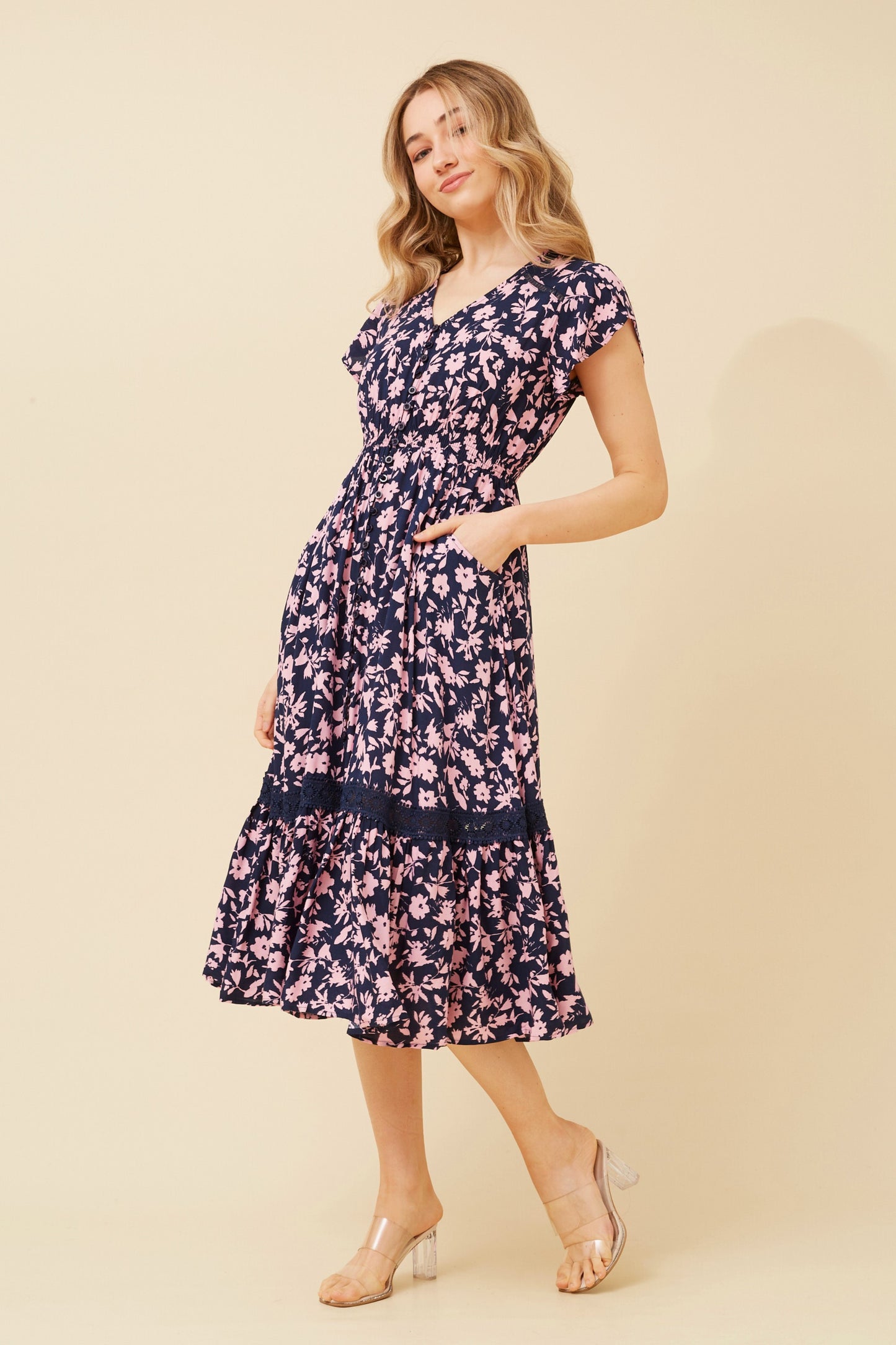 Indi Flower Print Midi Dress - Navy D520337