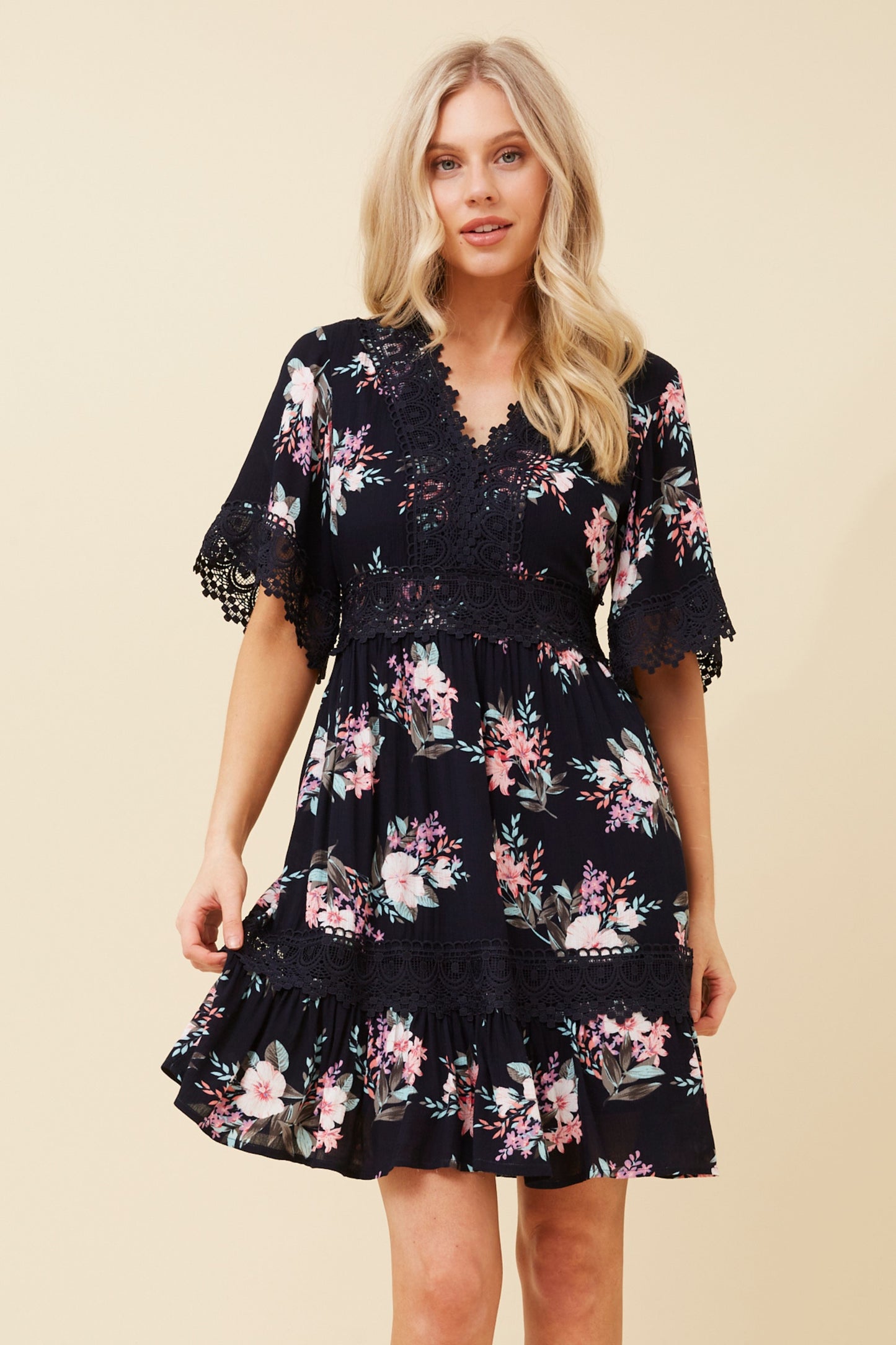 Lilah Lace Trim Dress Navy -  D520348