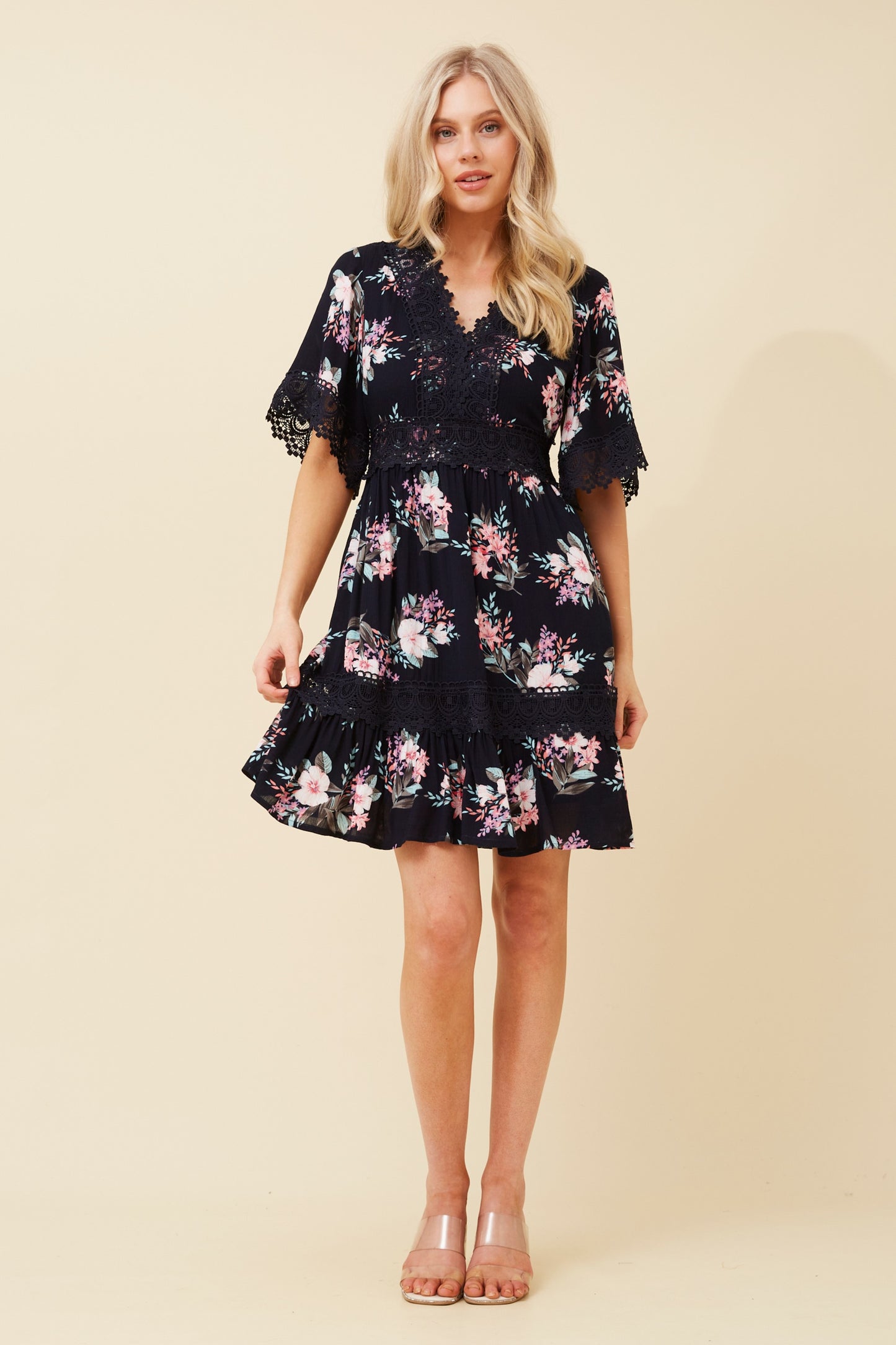 Lilah Lace Trim Dress Navy -  D520348