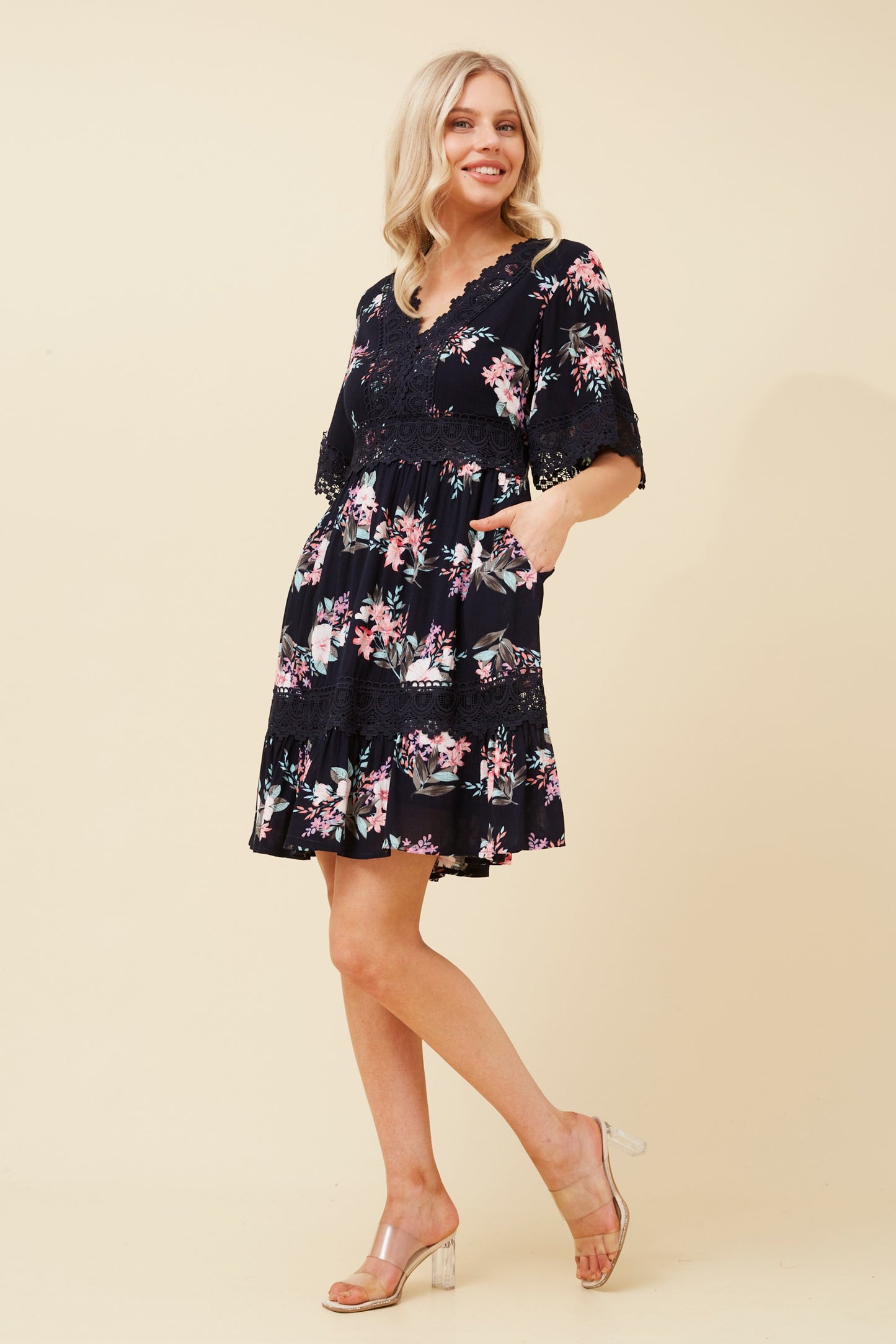 Lilah Lace Trim Dress Navy -  D520348