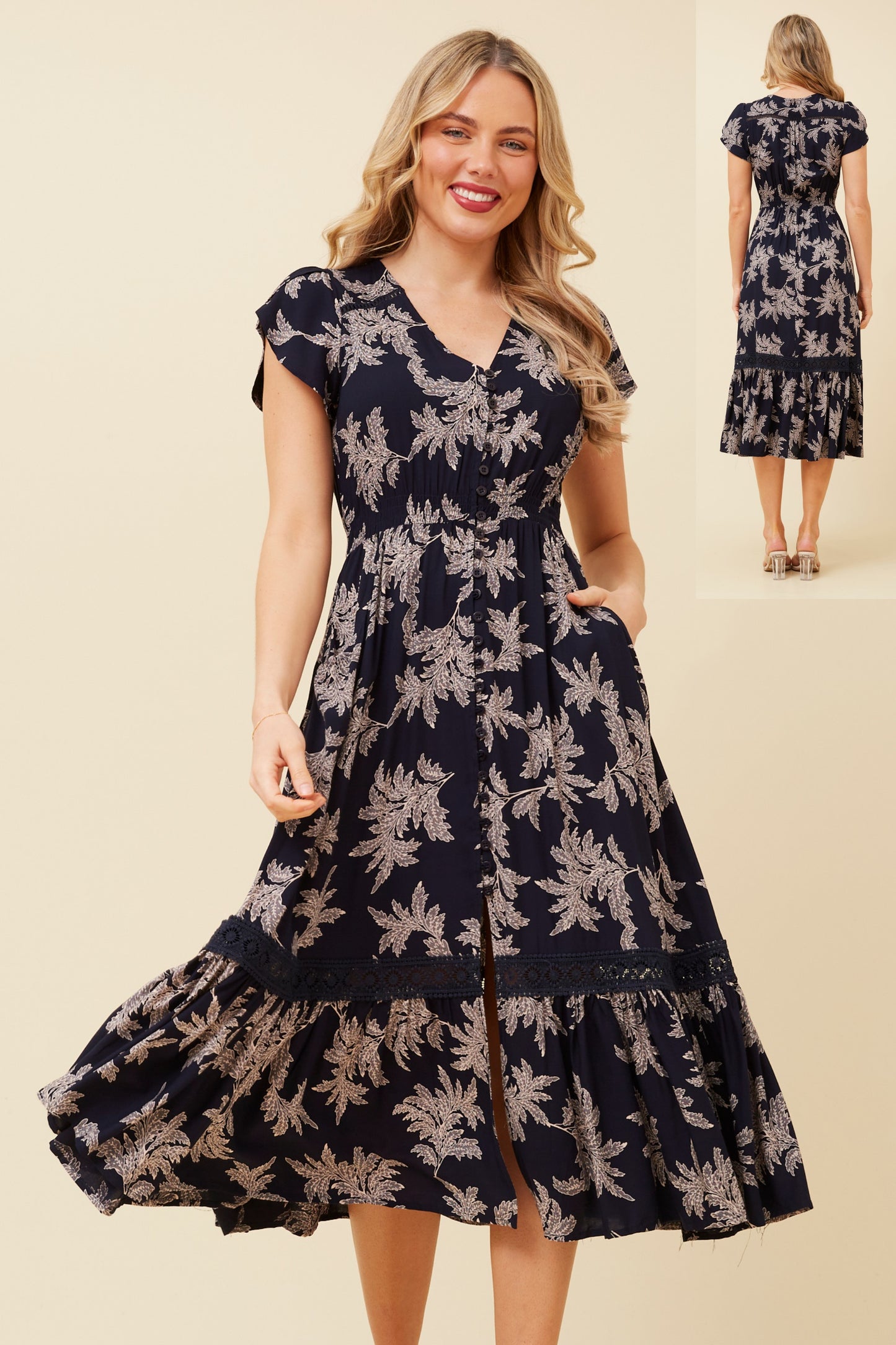 Indica Leaf Print Midi Dress - Navy D520631