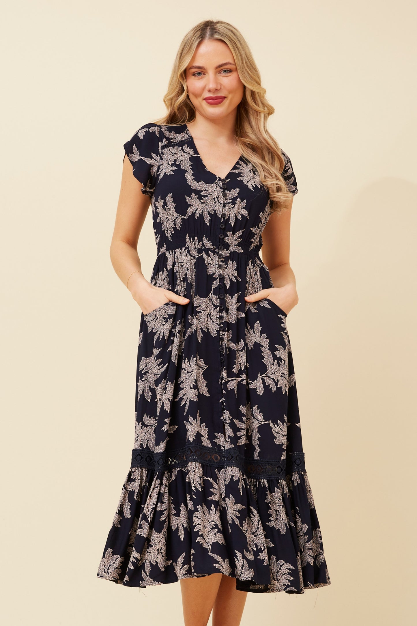 Indica Leaf Print Midi Dress - Navy D520631