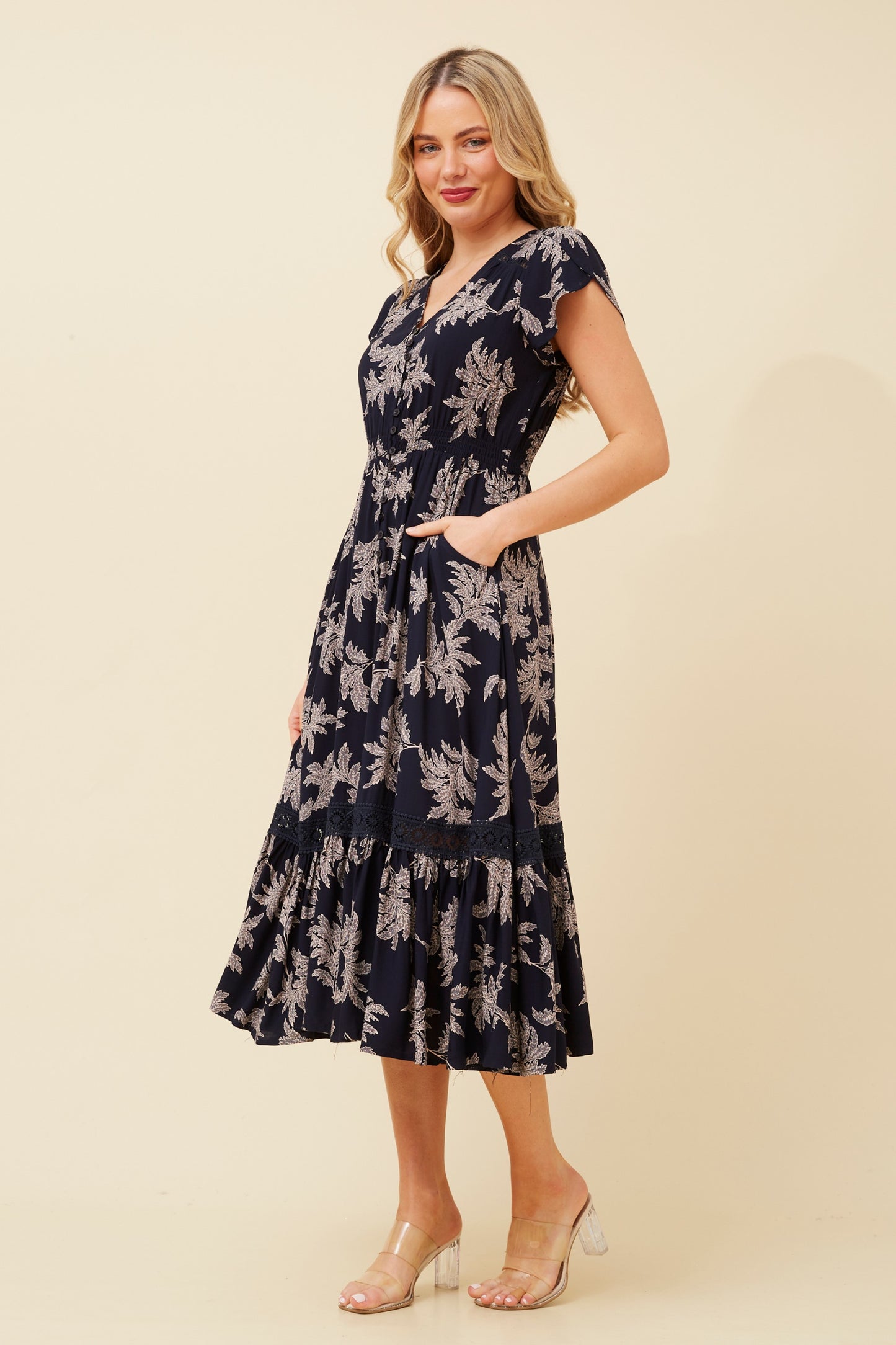 Indica Leaf Print Midi Dress - Navy D520631