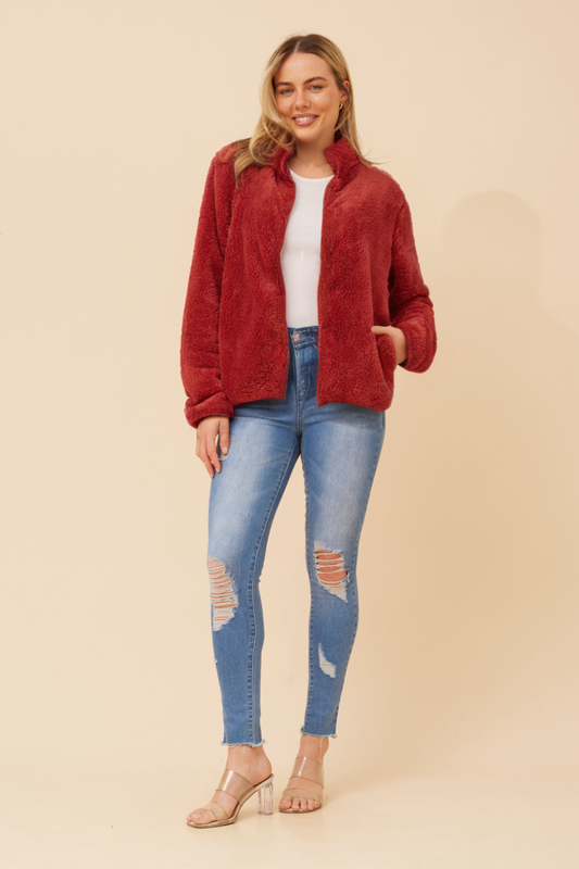 Front FAUX FUR Jacket- Cherrywood J508971