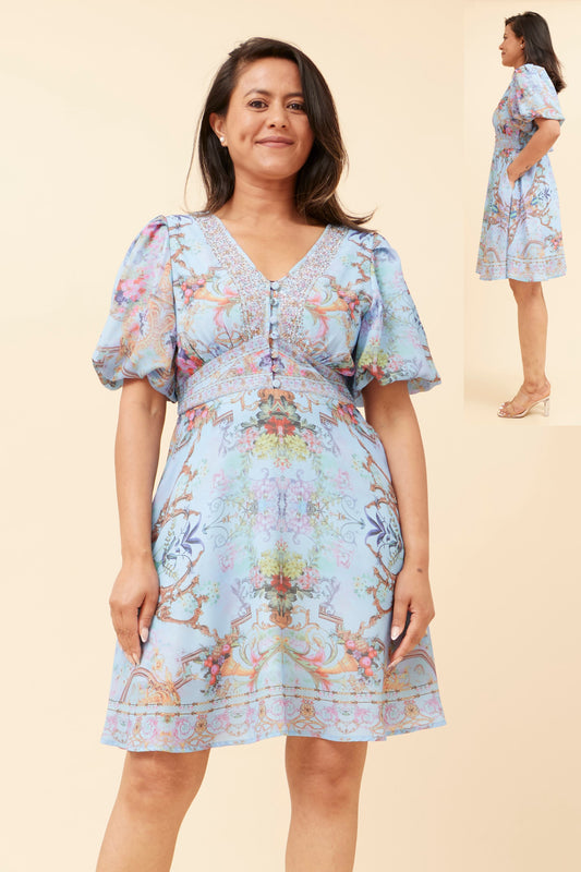 Siena Short Puff Sleeve Dress - Blue D519177