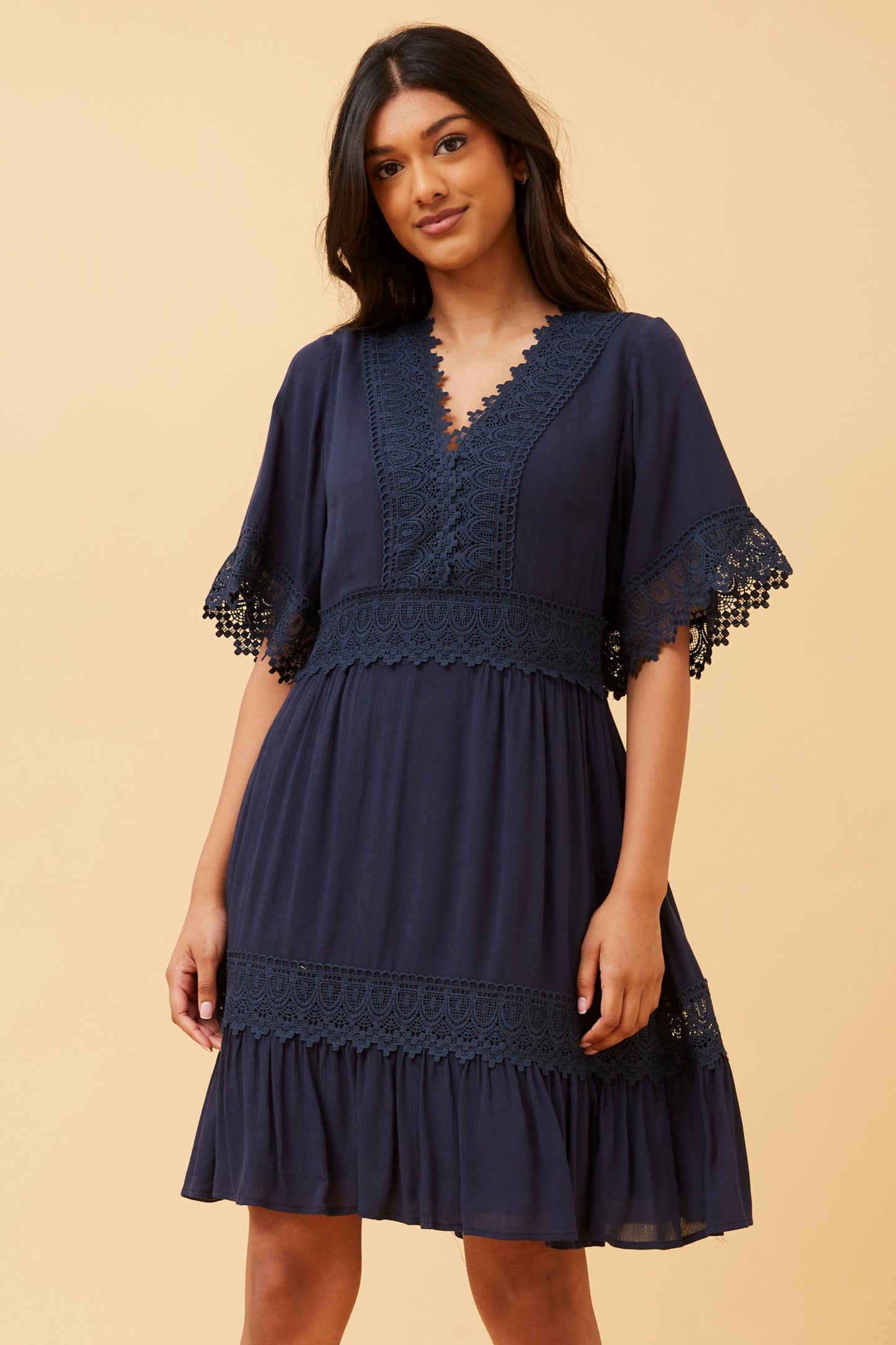 Lilah Lace Trim Dress Navy D731197