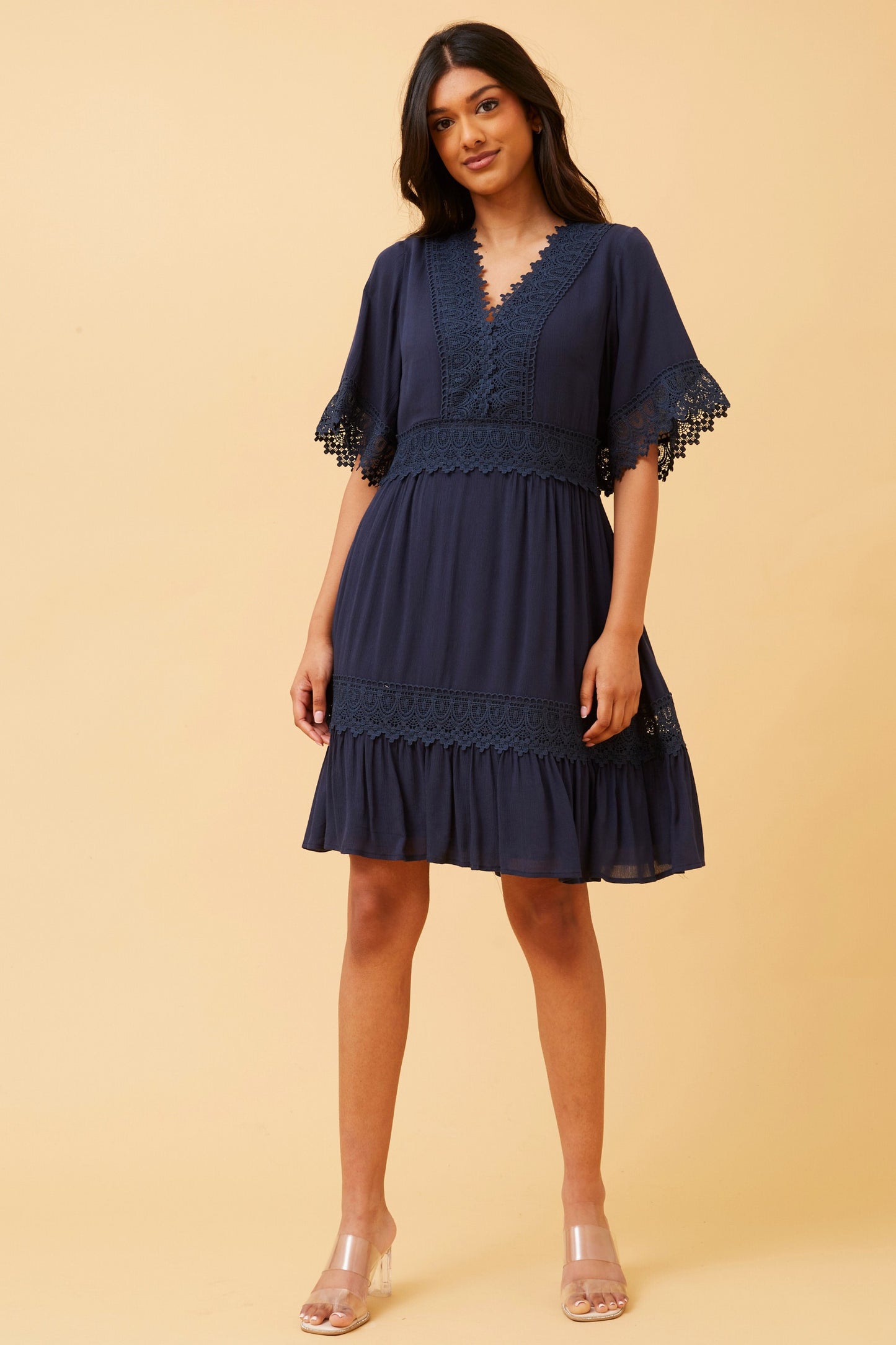 Lilah Lace Trim Dress Navy D731197