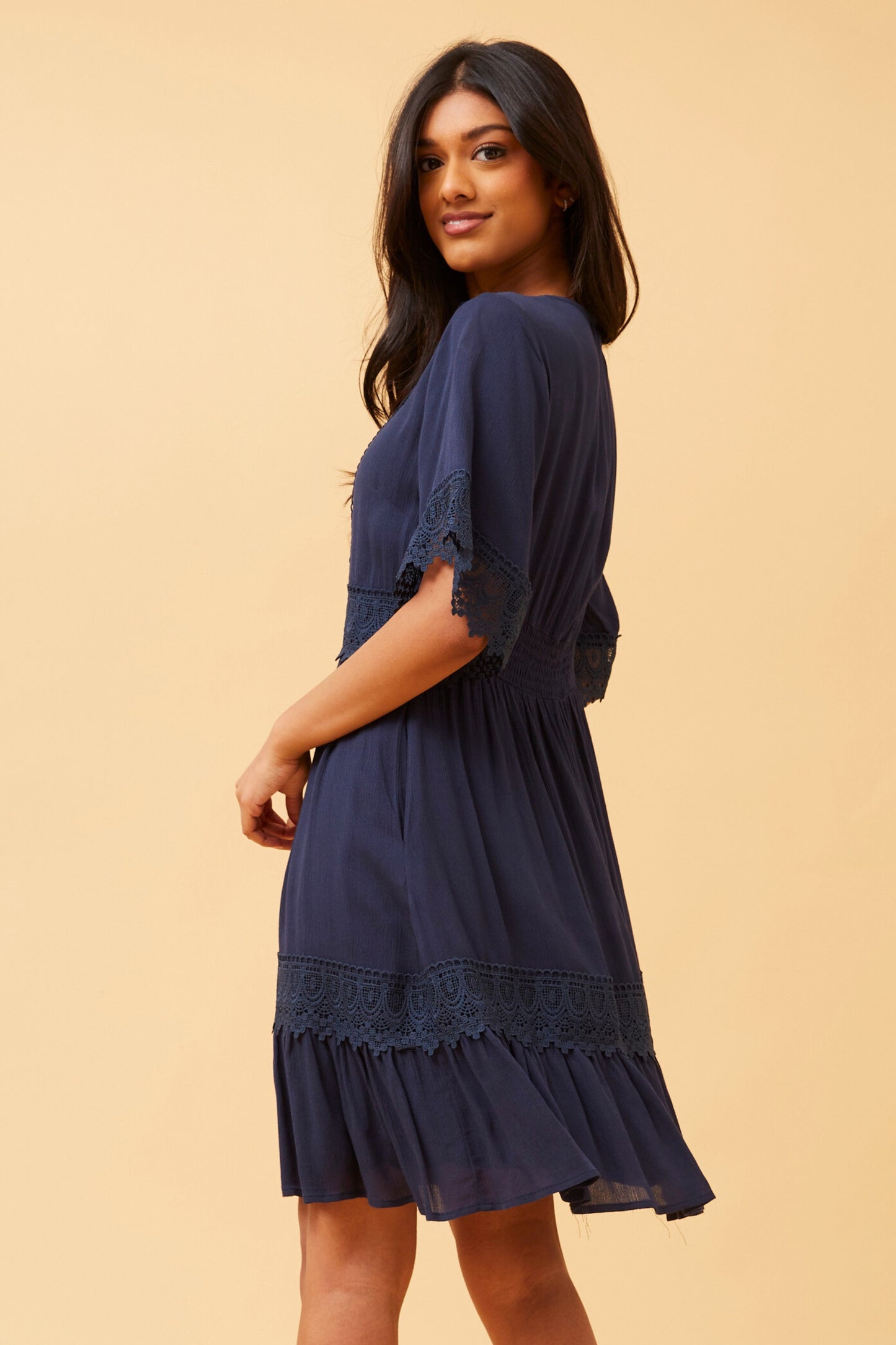 Lilah Lace Trim Dress Navy D731197